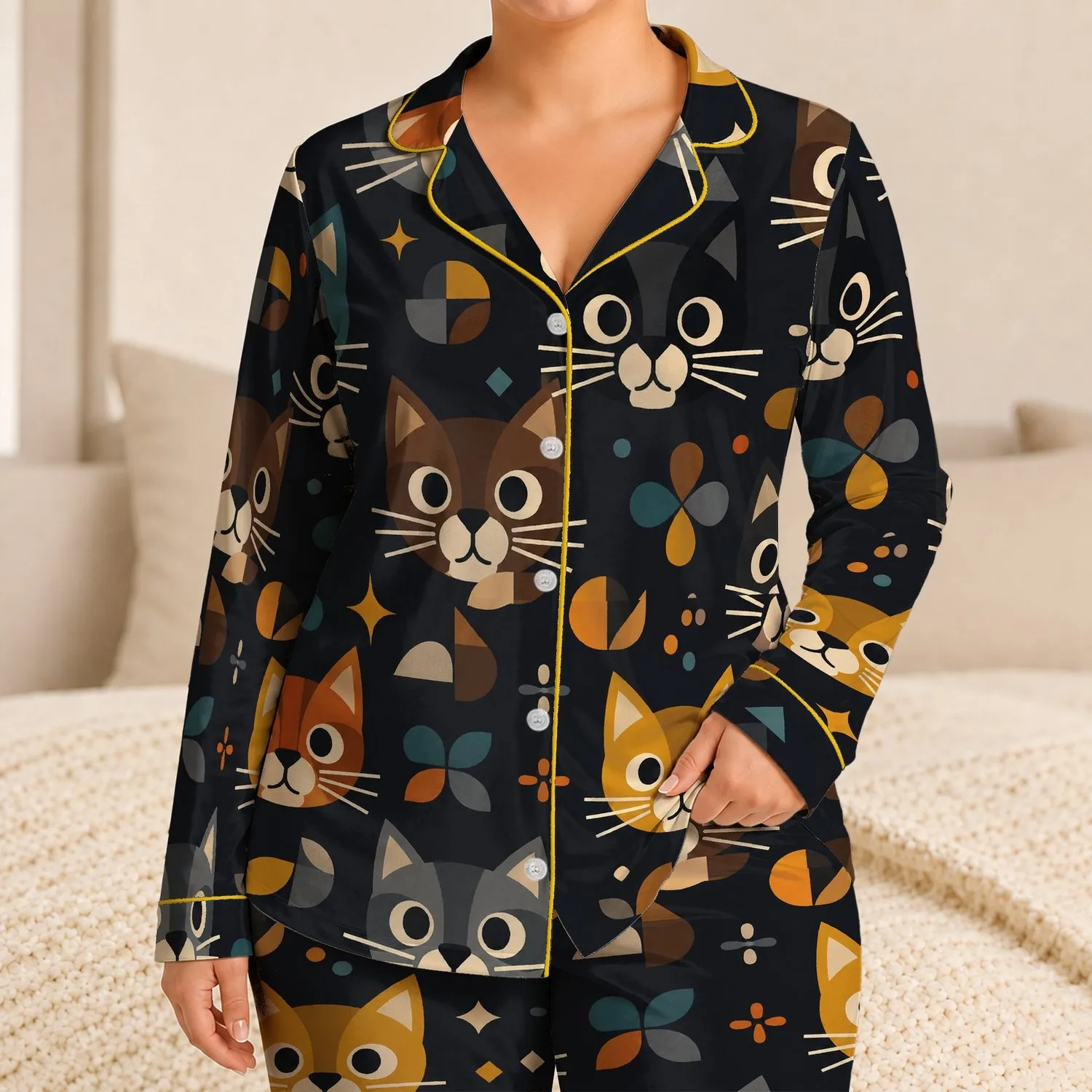 Geometric Cat Faces for Cozy Lounging and Gift Giving, Women Who Love Modern Style Satin Pajamas Set - 1