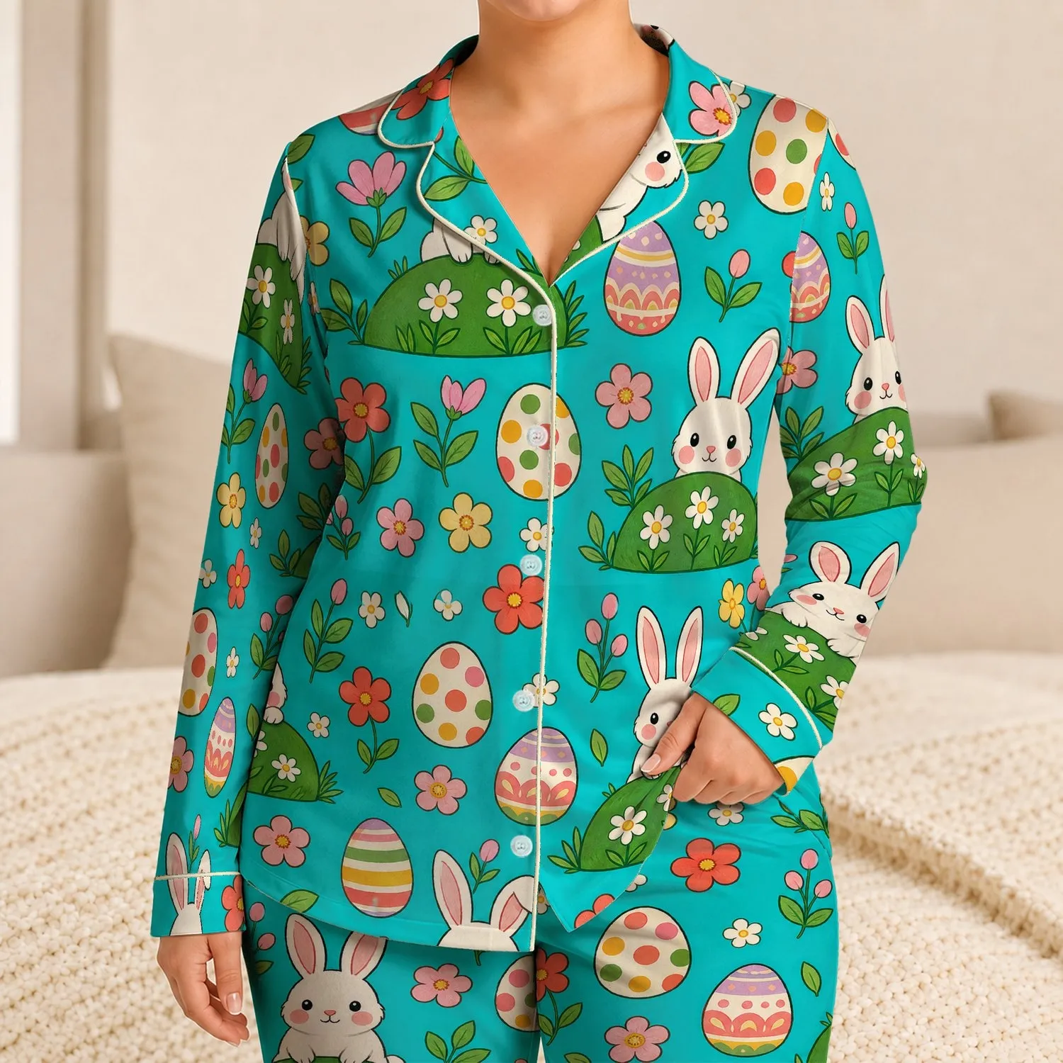 White Bunny Easter Garden Motifs for Spring Celebrations, Relaxed Comfort for Women Satin Pajamas Set - 1