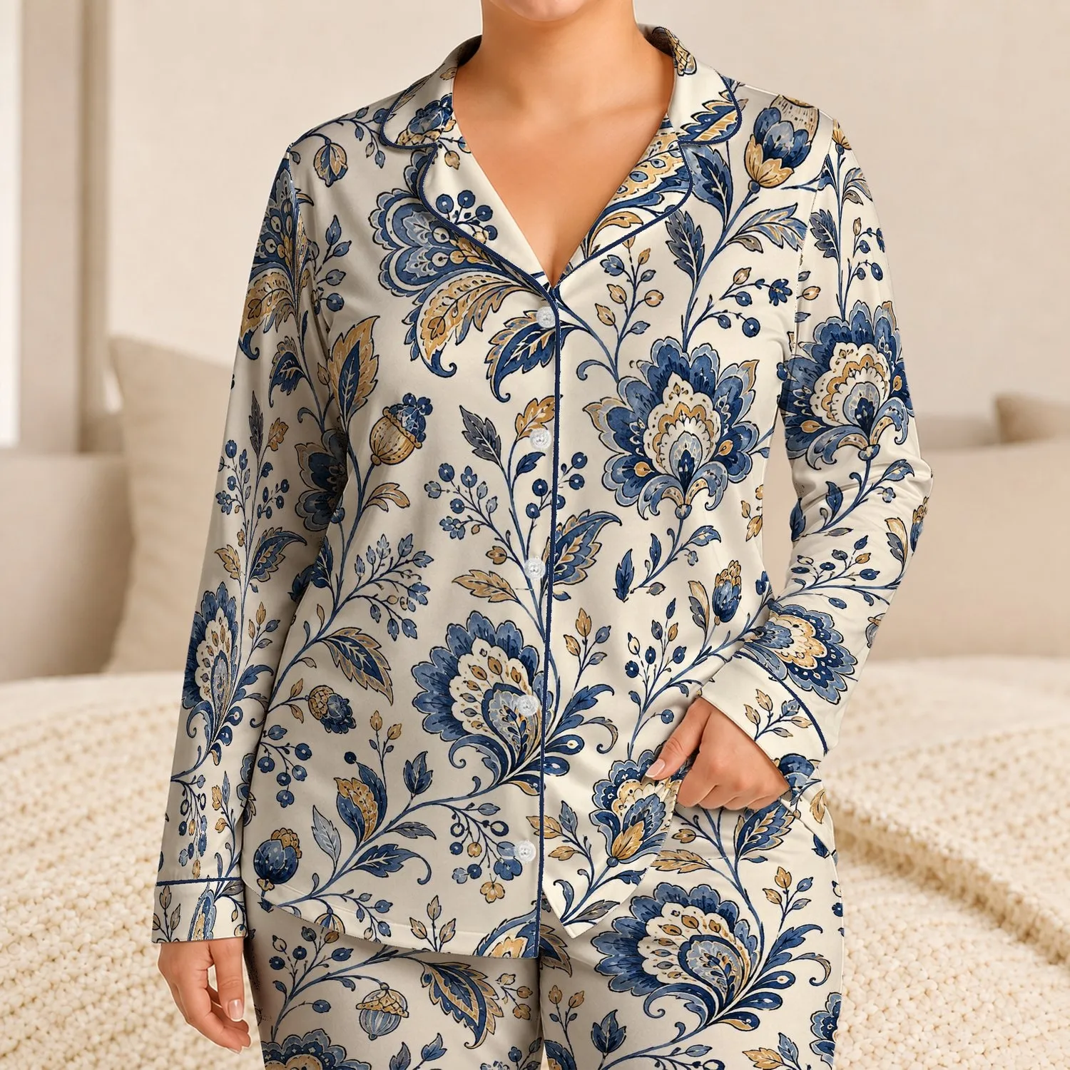 Indigo Botanical Paisley Floral Motif For Cozy Lounging And Relaxed Home Comfort Season Satin Pajamas Set - 1