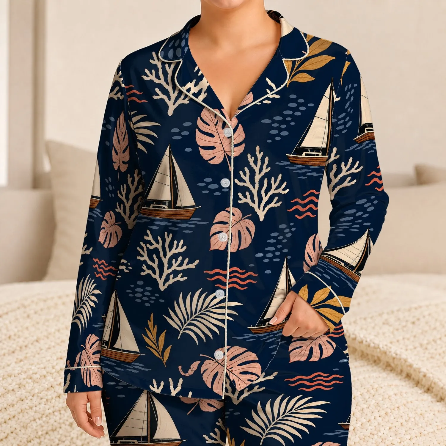Nautical Sailboat Coral Leaf Coastal Motif for Relaxed Resort Lounging and Gifting Satin Pajamas Set - 1