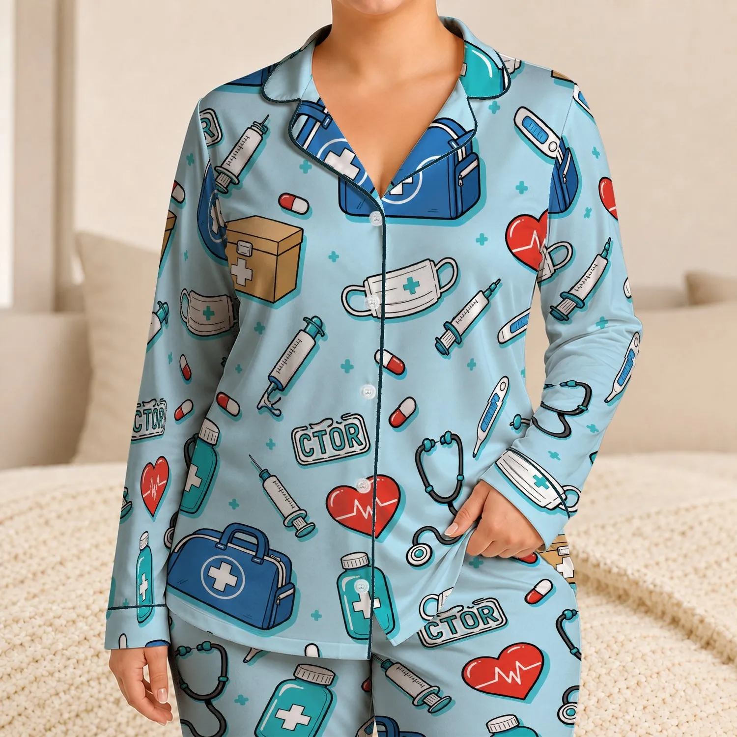 Medical Care Hearts, Stethoscopes And First Aid Icons For Nurses And Clinic Lounging Satin Pajamas Set - 1