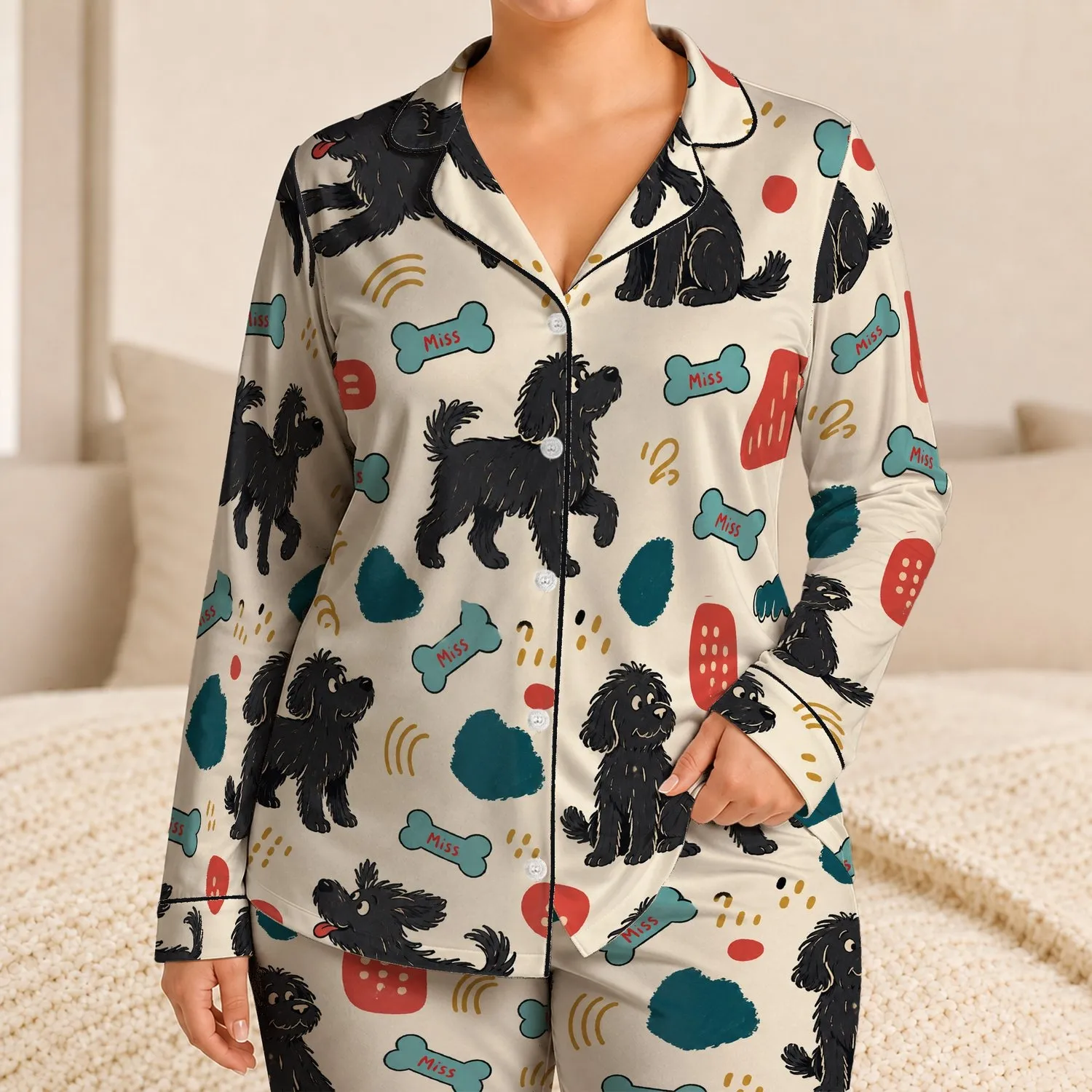 Shaggy Cartoon Dogs and Turquoise Bones for Cozy Weekend Lounging, Dog Lovers Gift Satin Pajamas Set - 1