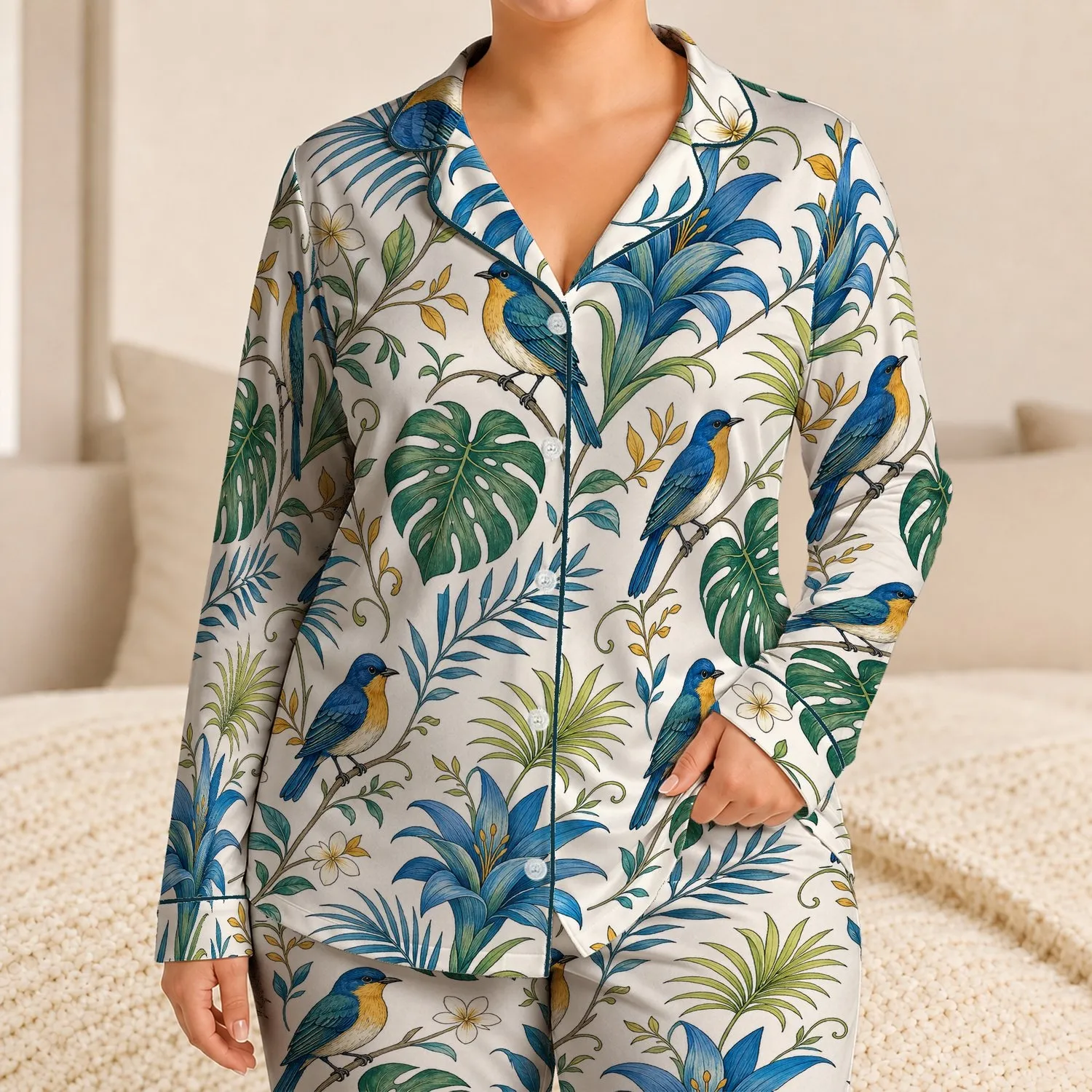 Blue Tropical Birds and Monstera Leaves for Relaxed Resort Lounging Women at Home Satin Pajamas Set - 1