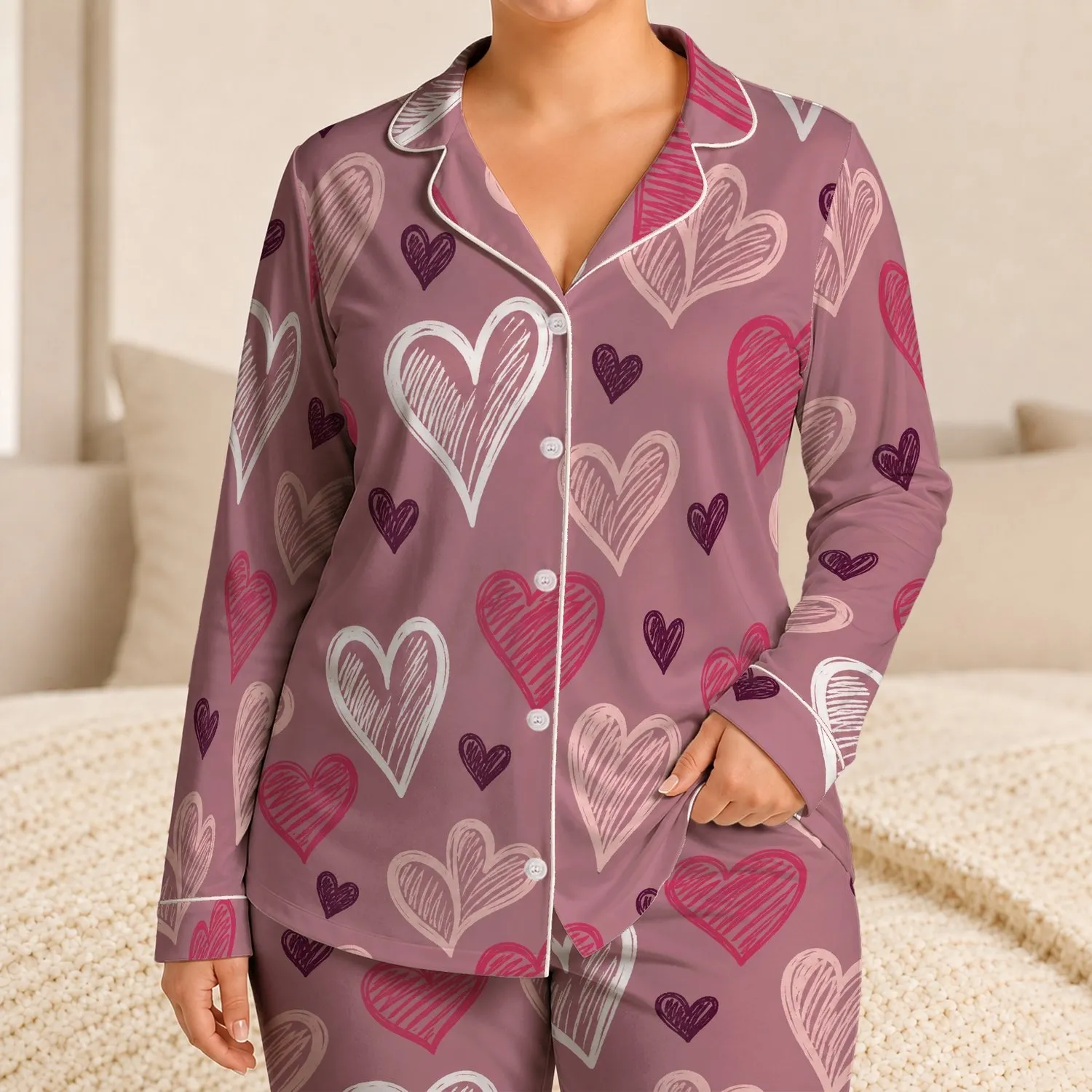 Mauve Pink Heart Color Block Style For Cozy Lounging And Romantic Gift Giving At Home Satin Pajamas Set - 1