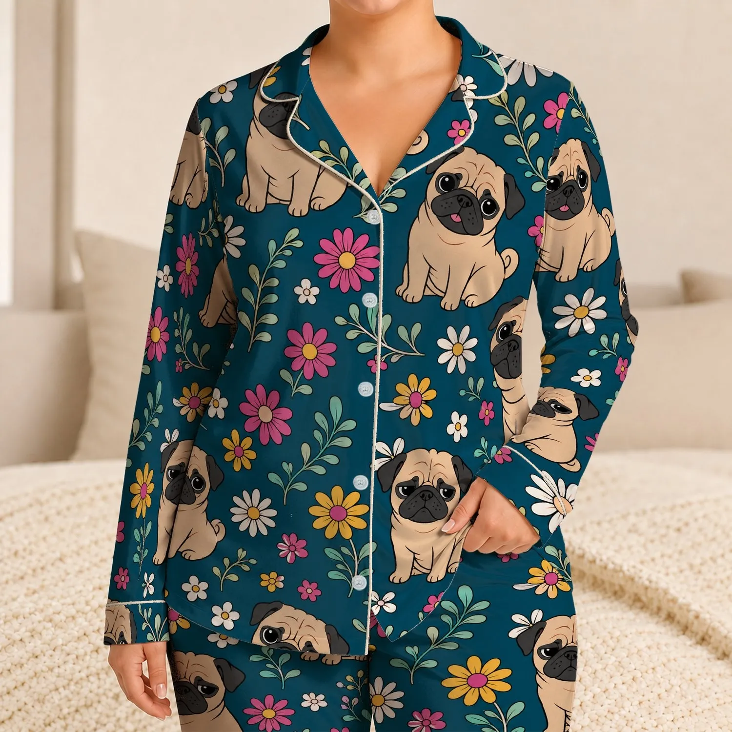 Fawn Pug Floral Meadow Motifs for Cozy Lounging and Relaxed Weekend Style Lovers Satin Pajamas Set - 1