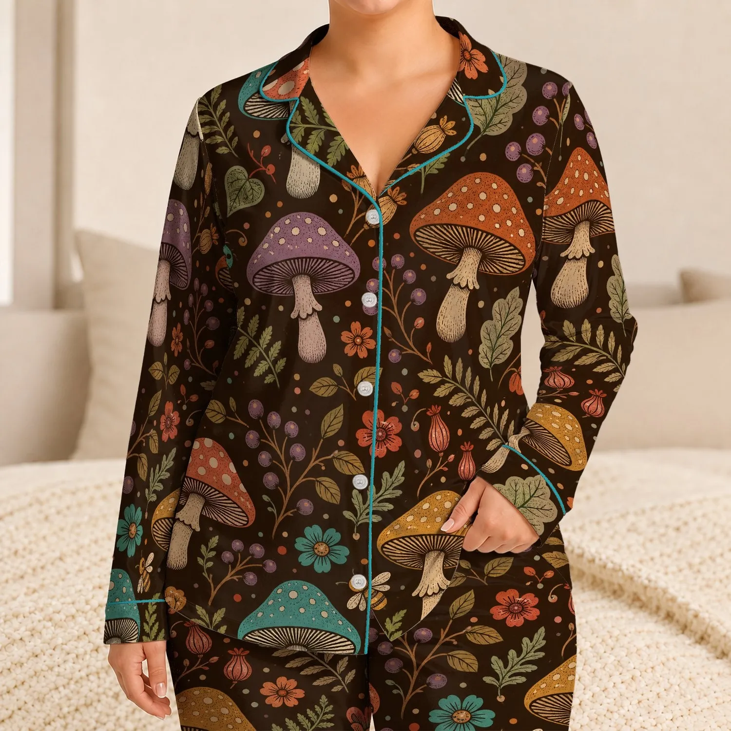 Retro Mushroom Forest Garden, Whimsical Woodland Style for Cozy Everyday Lounging Satin Pajamas Set - 1