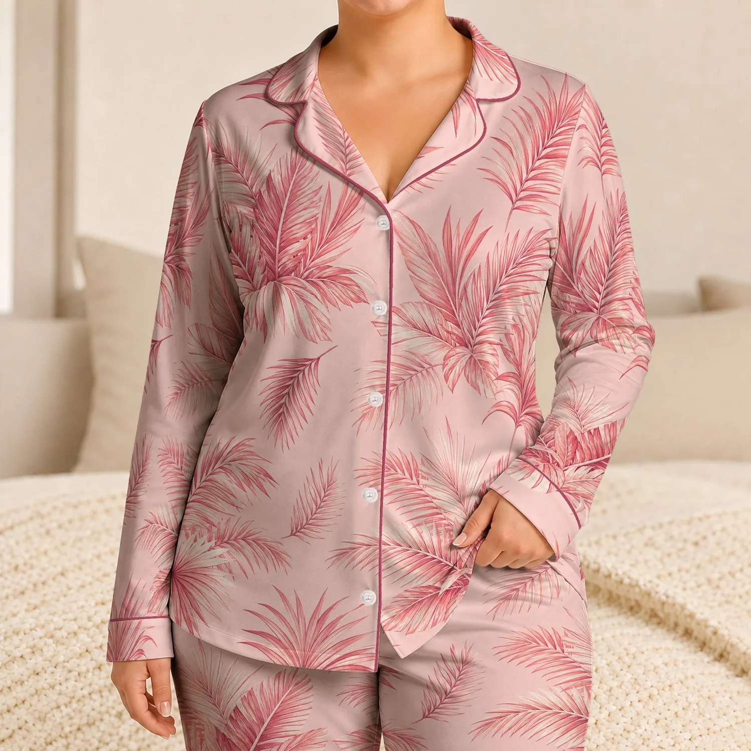Blush Pink Palm Fronds Tropical Resort Vacation Lounge Style Beach Travel for Women Satin Pajamas Set - 1