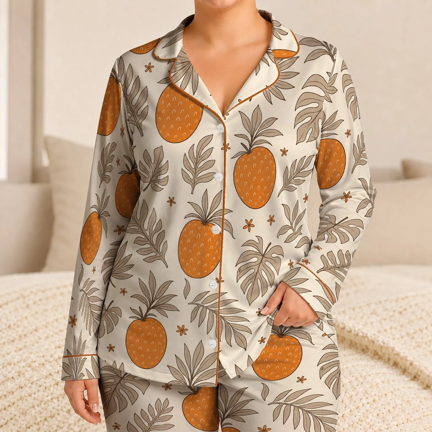 Burnt Orange Tropical Fruit And Taupe Leaf Botanical Motif For Beach Vacation Style Satin Pajamas Set - 1