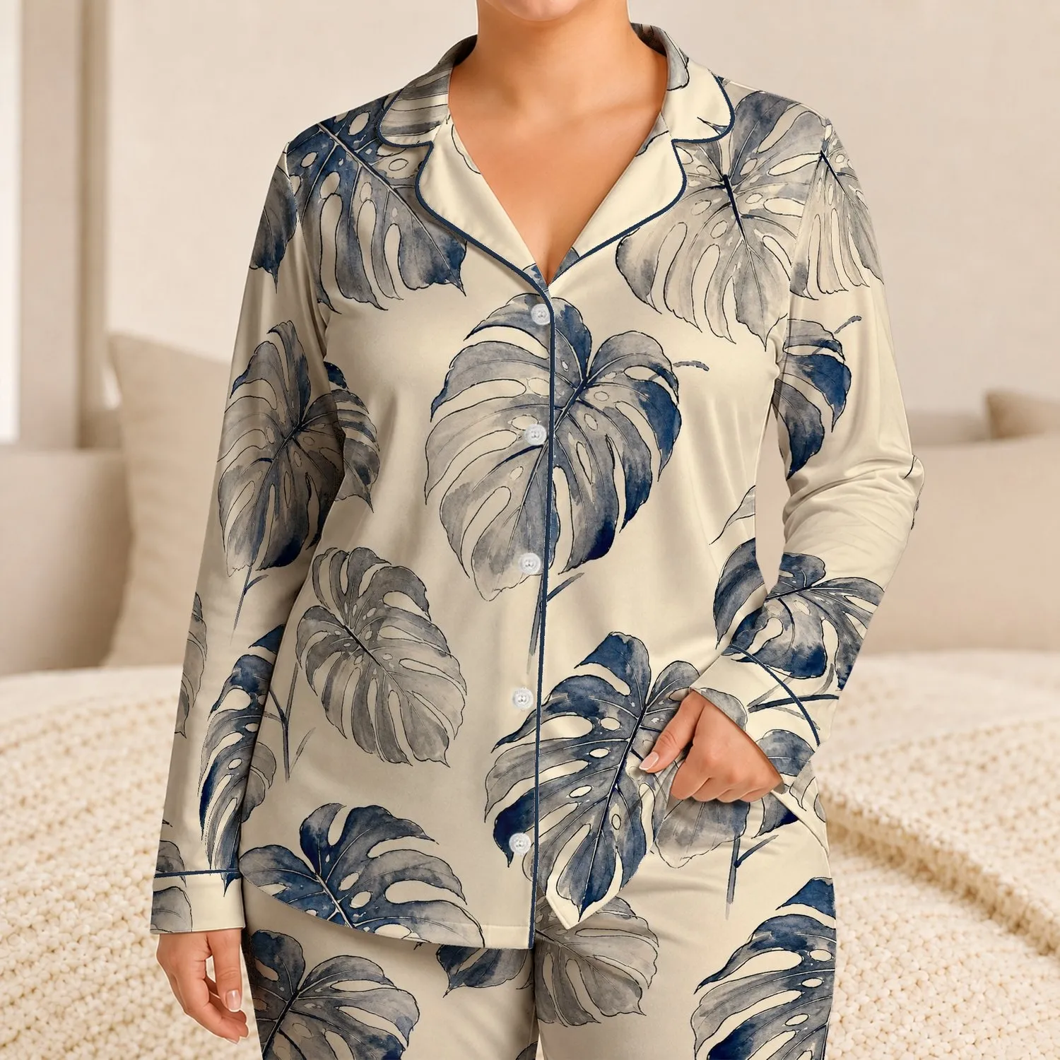 Monstera Ink Wash Botanical Leaves for Relaxed Summer Lounging Style, Plus Size Women Satin Pajamas Set - 1