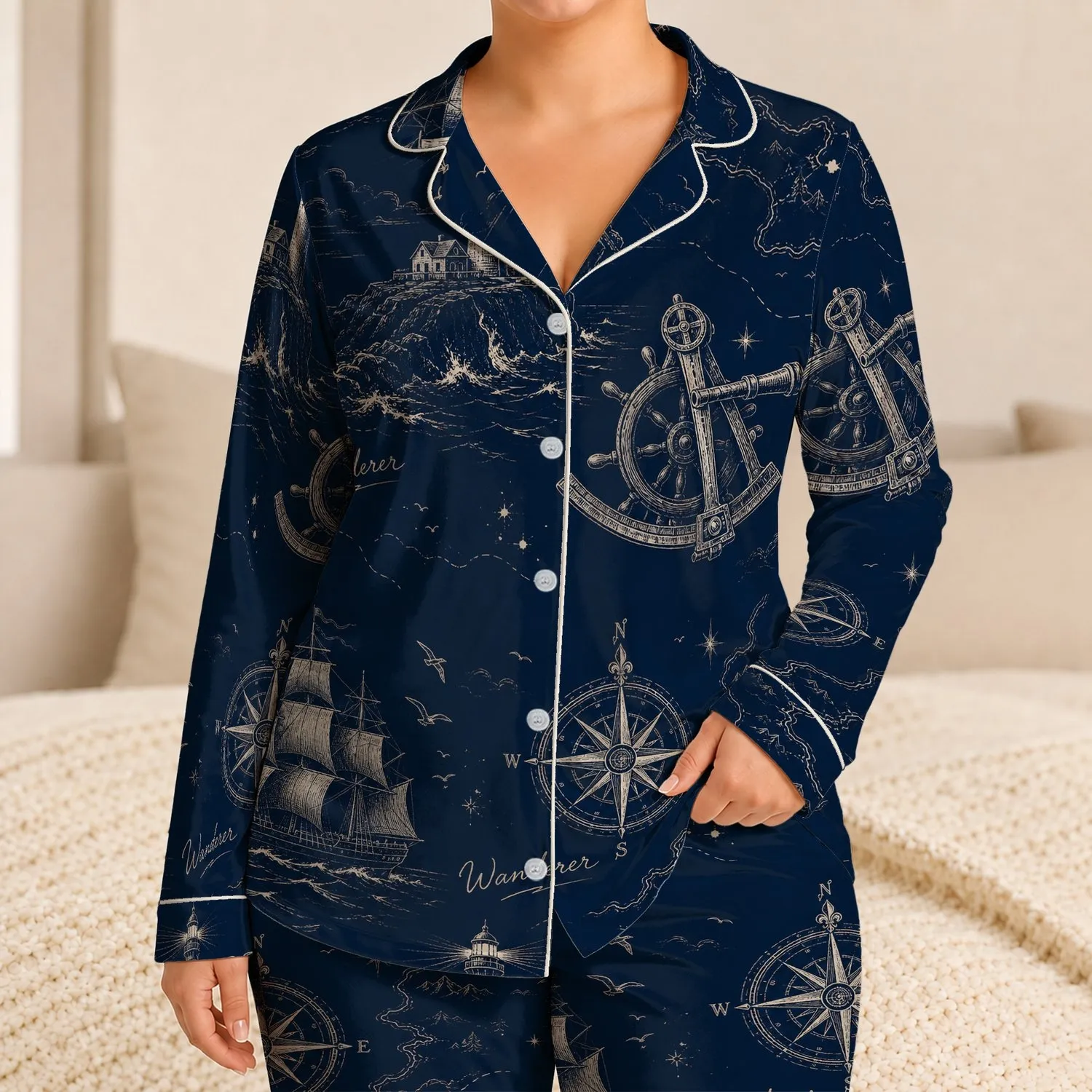 Nautical Explorer Midnight Navy Sea Captain Gift For Cozy Seafaring Comfort Lovers Satin Pajamas Set - 1