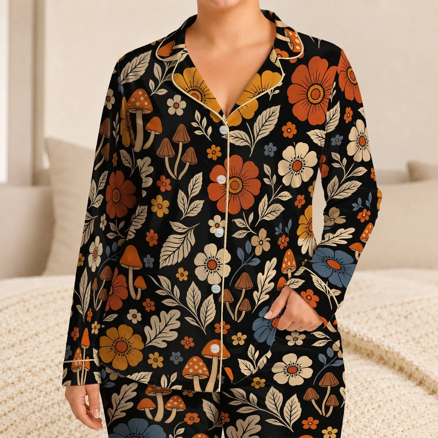 Retro Folk Flowers And Mushrooms For Cozy Lounge Nights And Relaxed Mornings For Women Satin Pajamas Set - 1