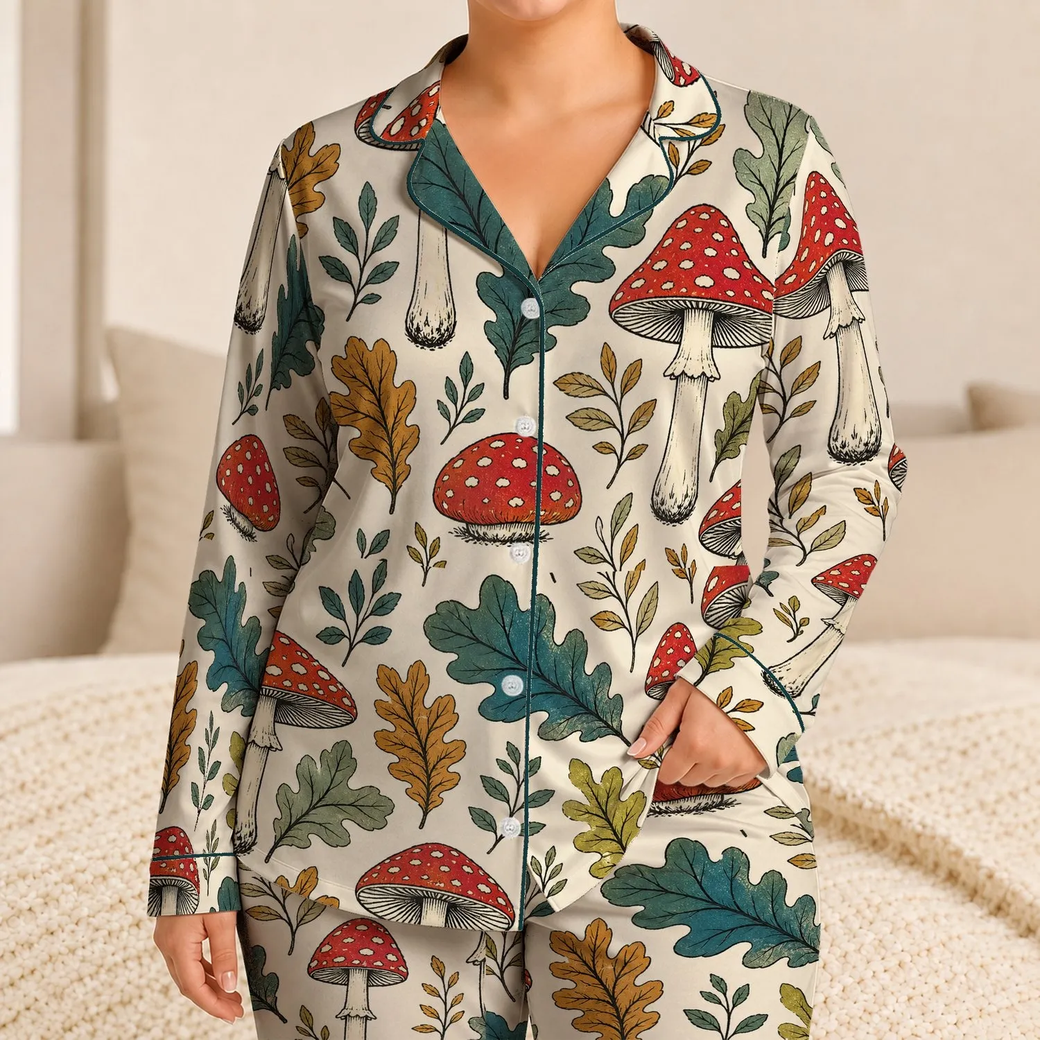 Scarlet Mushroom And Oak Leaf Woodland Botanical For Cozy Autumn Lounging At Home Satin Pajamas Set - 1