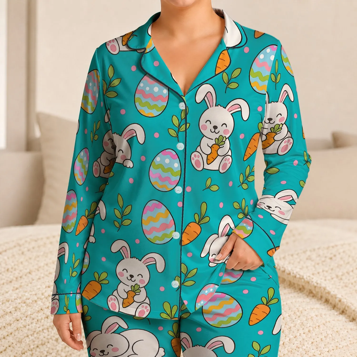 Cute Easter Bunny And Carrot Motifs For Cozy Easter Morning And Spring Sleepwear Lovers Satin Pajamas Set - 1