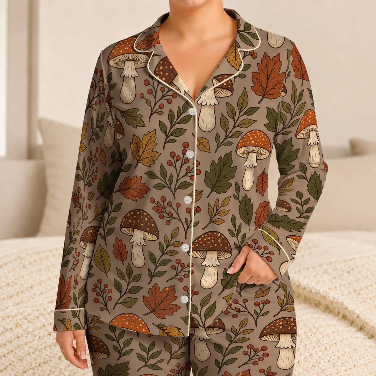 Autumn Mushroom Botanical Motifs For Cozy Fall Nights And Cottagecore Home Lovers Satin Pajamas Set - 1
