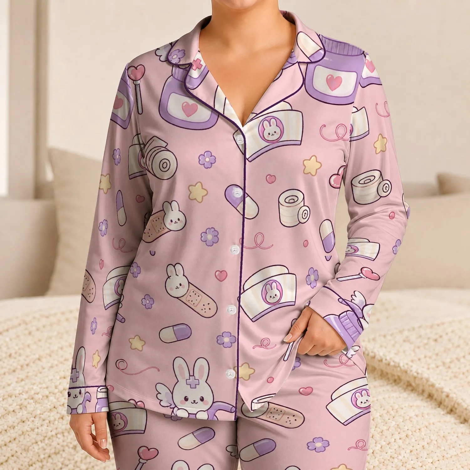Kawaii Bunny Nurse And Medicine Motifs For Cozy Recovery Nights And Self Care Gifts Satin Pajamas Set - 1