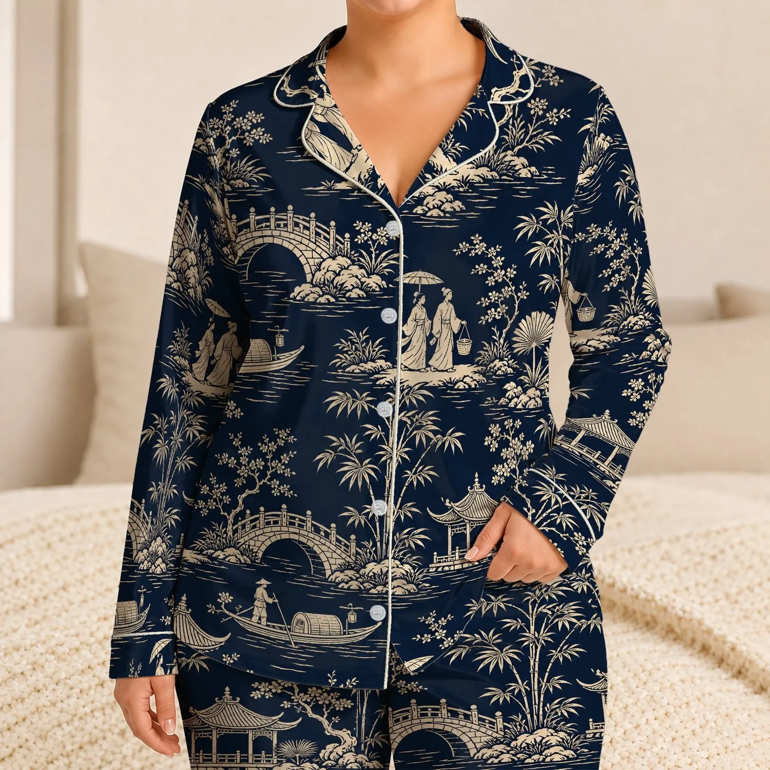 Midnight Navy Chinoiserie Garden Toile For Relaxed Evenings And Weekend Lounging Satin Pajamas Set - 1