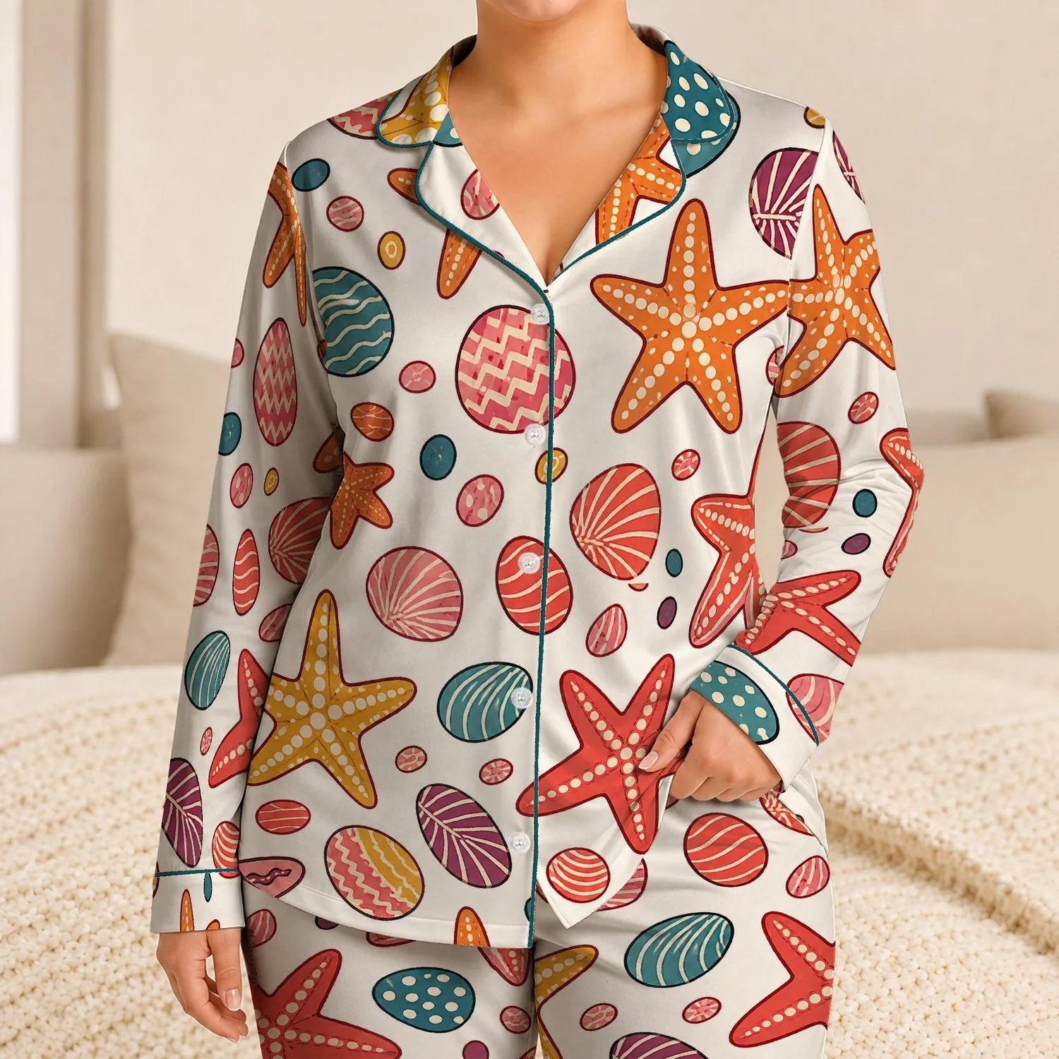 Colorful Starfish And Seashell Beachwear For Coastal Getaways And Seaside Lovers Satin Pajamas Set - 1