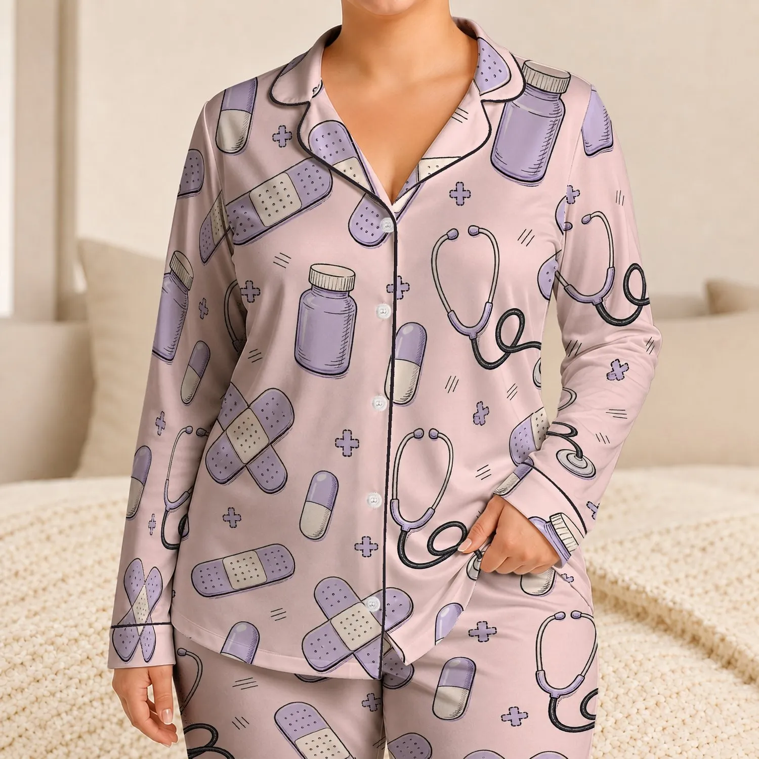 Lavender Medical Bandages And Stethoscopes for Nurses' Relaxation And Self Care Satin Pajamas Set - 1