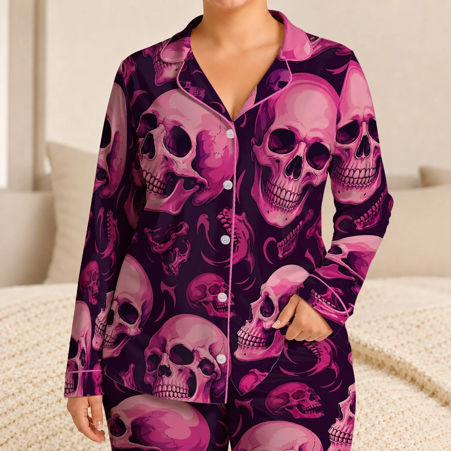 Pink Gothic Skull Motif For Halloween Sleepwear And Alternative Fashion Enthusiasts Satin Pajamas Set - 1