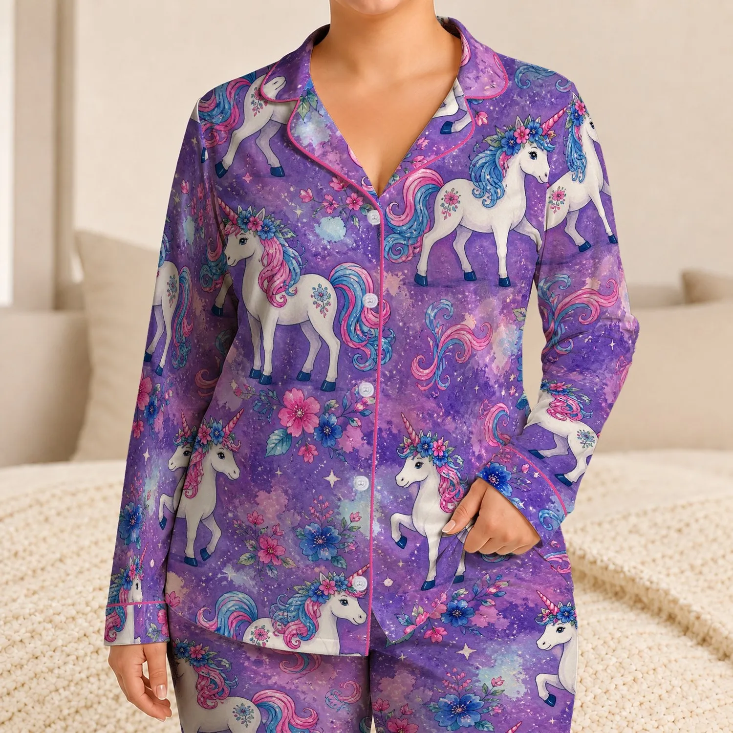 Floral Unicorn Watercolor Sleepwear For Magical Cozy Nights And Dreamy Lounging Satin Pajamas Set - 1