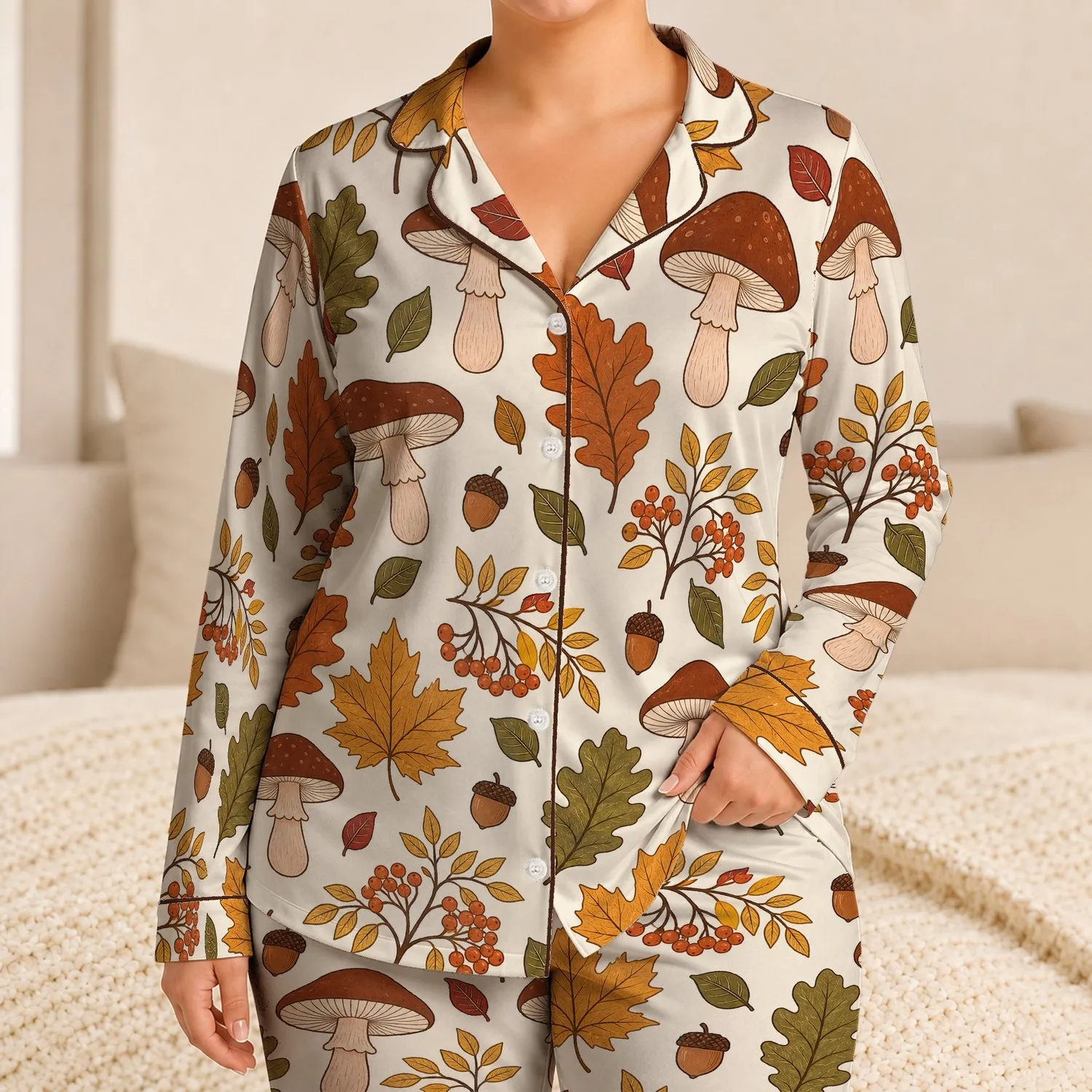 Vintage Autumn Mushrooms And Maple Leaves For Cozy Fall Lounging Women Satin Pajamas Set - 1