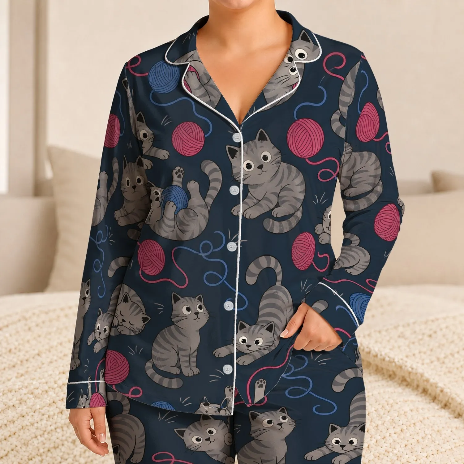 Playful Gray Tabby Cats With Pink And Blue Yarn For Cozy Nighttime Cat Lovers Gift Satin Pajamas Set - 1