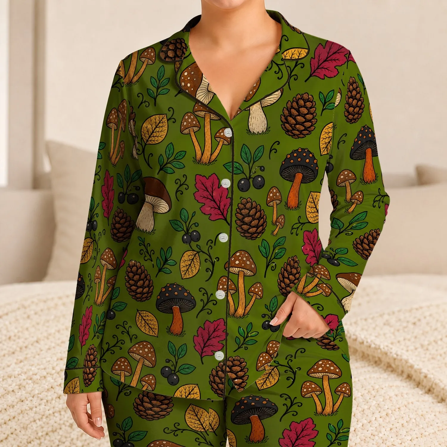 Woodland Mushroom And Pinecone Motifs For Cozy Autumn Lounging And Relaxed Evenings Satin Pajamas Set - 1