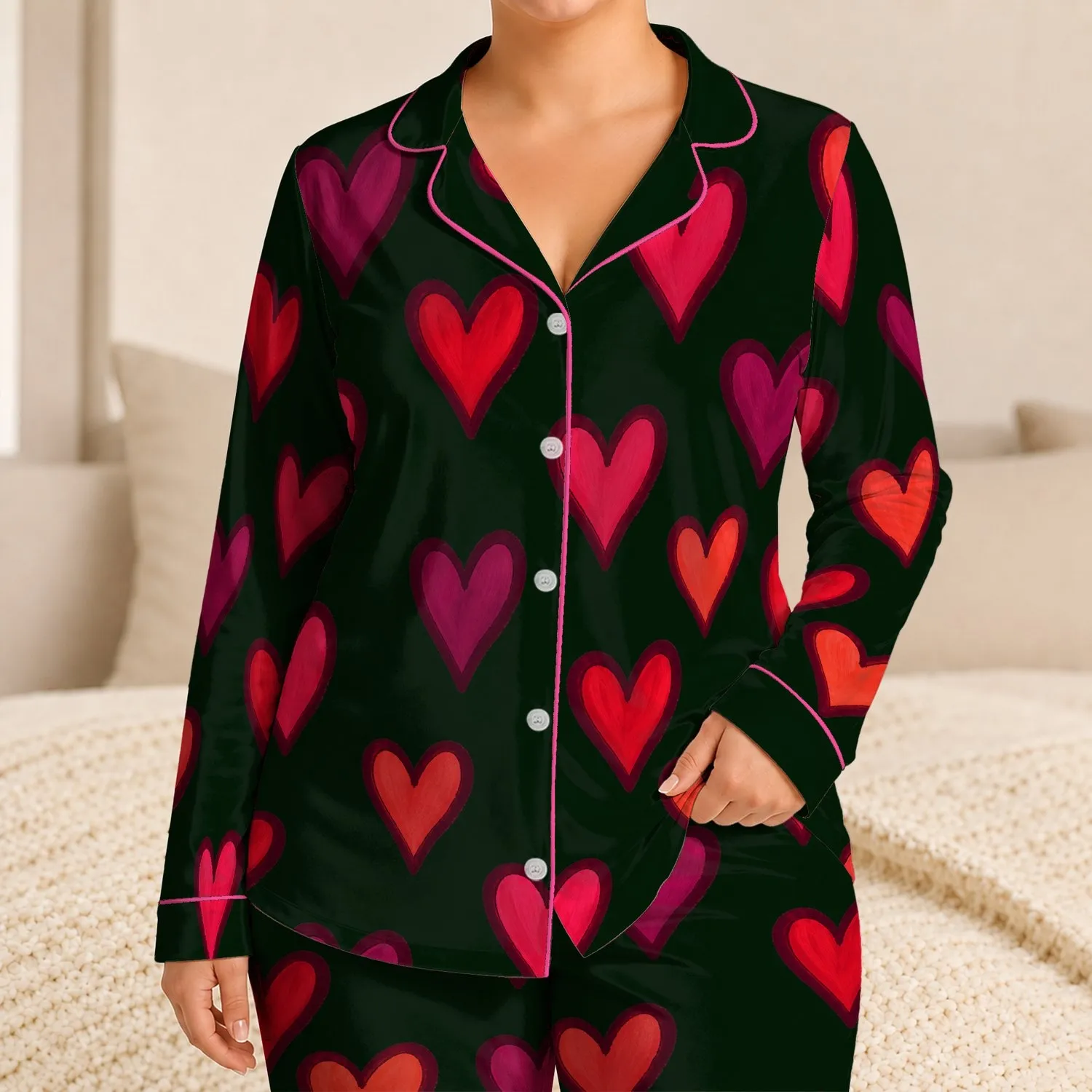 Hand-Painted Red Pink Coral Hearts for Romantic Lounging and Cozy Nighttime Comfort at Home Satin Pajamas Set - 1