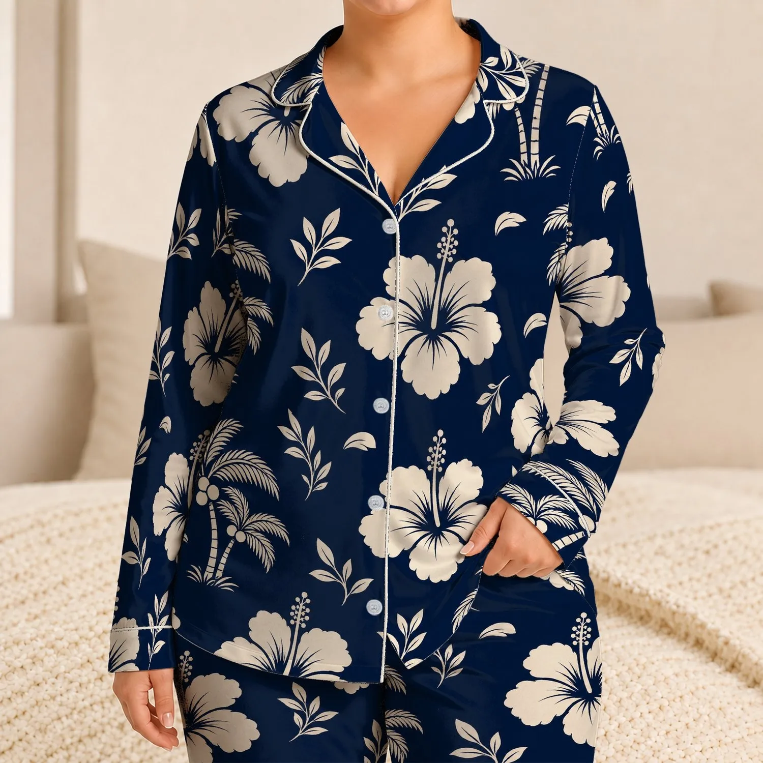 Ivory Hibiscus And Coconut Palm Night Garden For Relaxed Tropical Lounging Women Satin Pajamas Set - 1