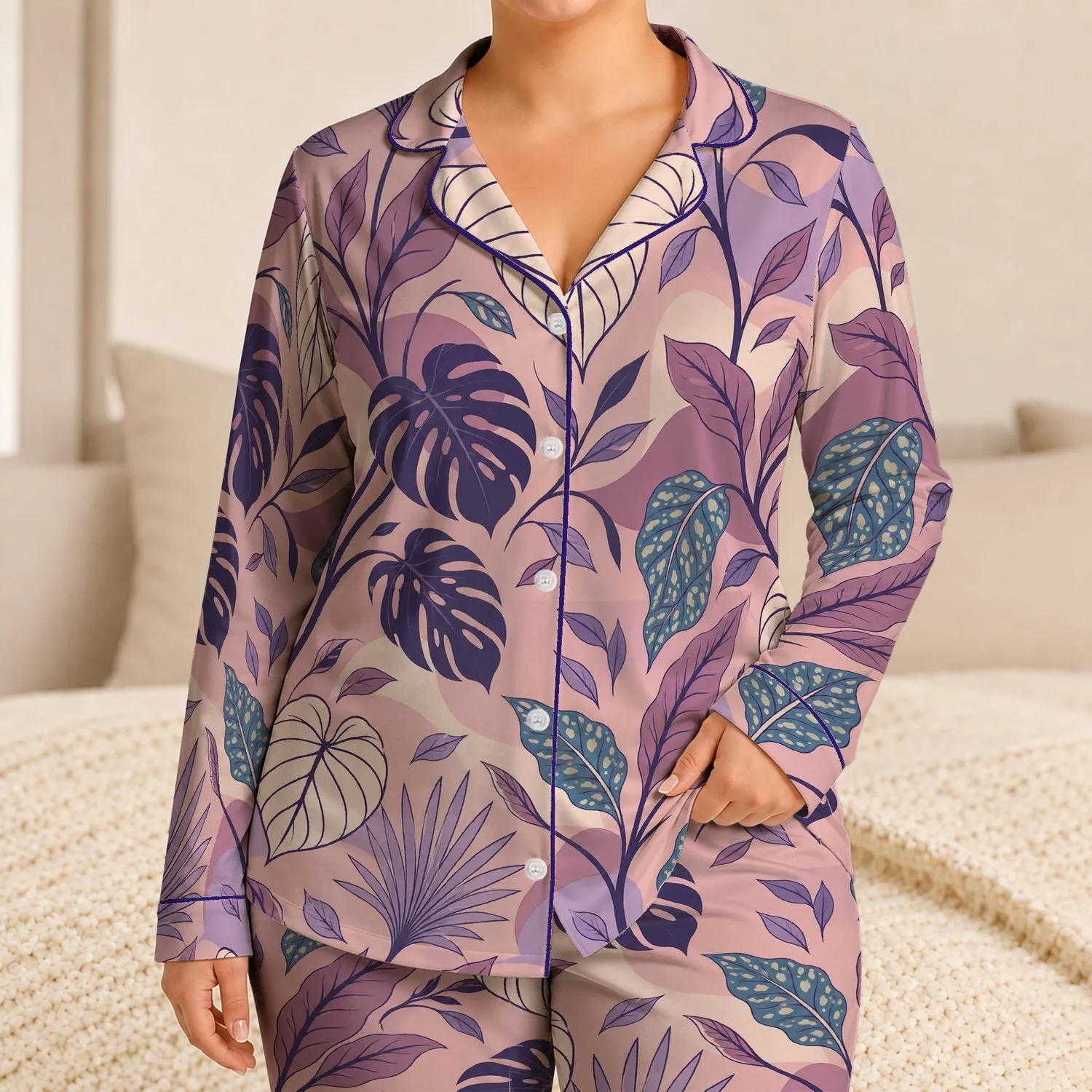 Pastel Tropical Botanical Leaves for Beach Escapes and Relaxed Summer Lounging Satin Pajamas Set - 1