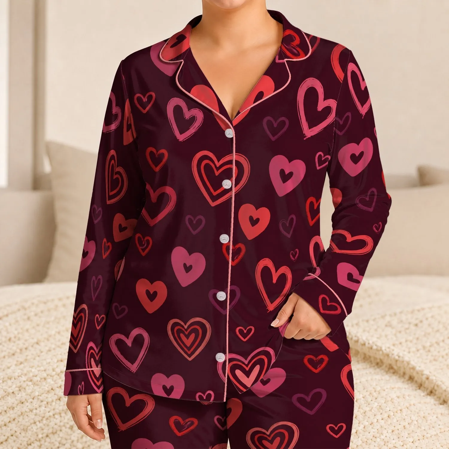Hand-Drawn Burgundy Hearts for Valentine's Day Lounging and Cozy Nightwear Lovers Satin Pajamas Set - 1