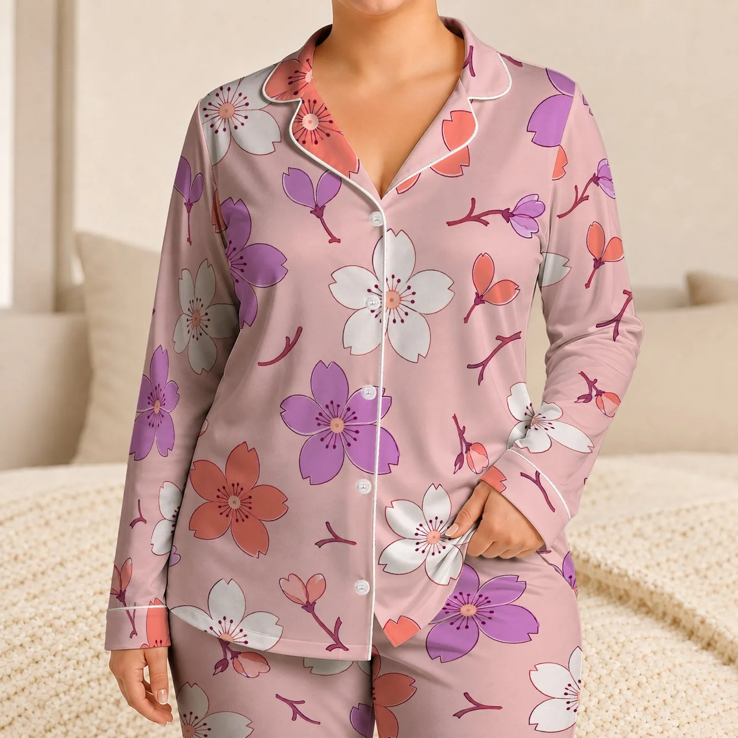 Pink Cherry Blossom Floral For Women’s Relaxed Spring Evenings And Cozy Bedtime Comfort Satin Pajamas Set - 1