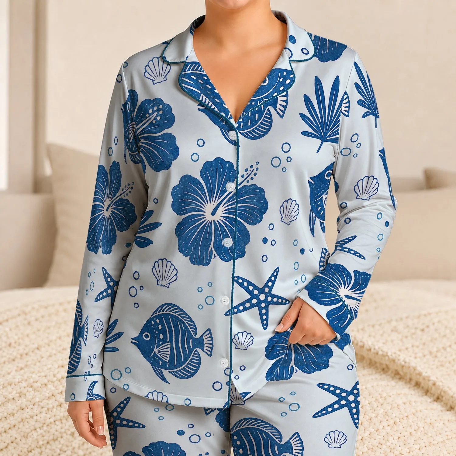Blue Reef Fish And Hibiscus Coastal Lounge Style For Relaxing Beach Getaways Women Satin Pajamas Set - 1