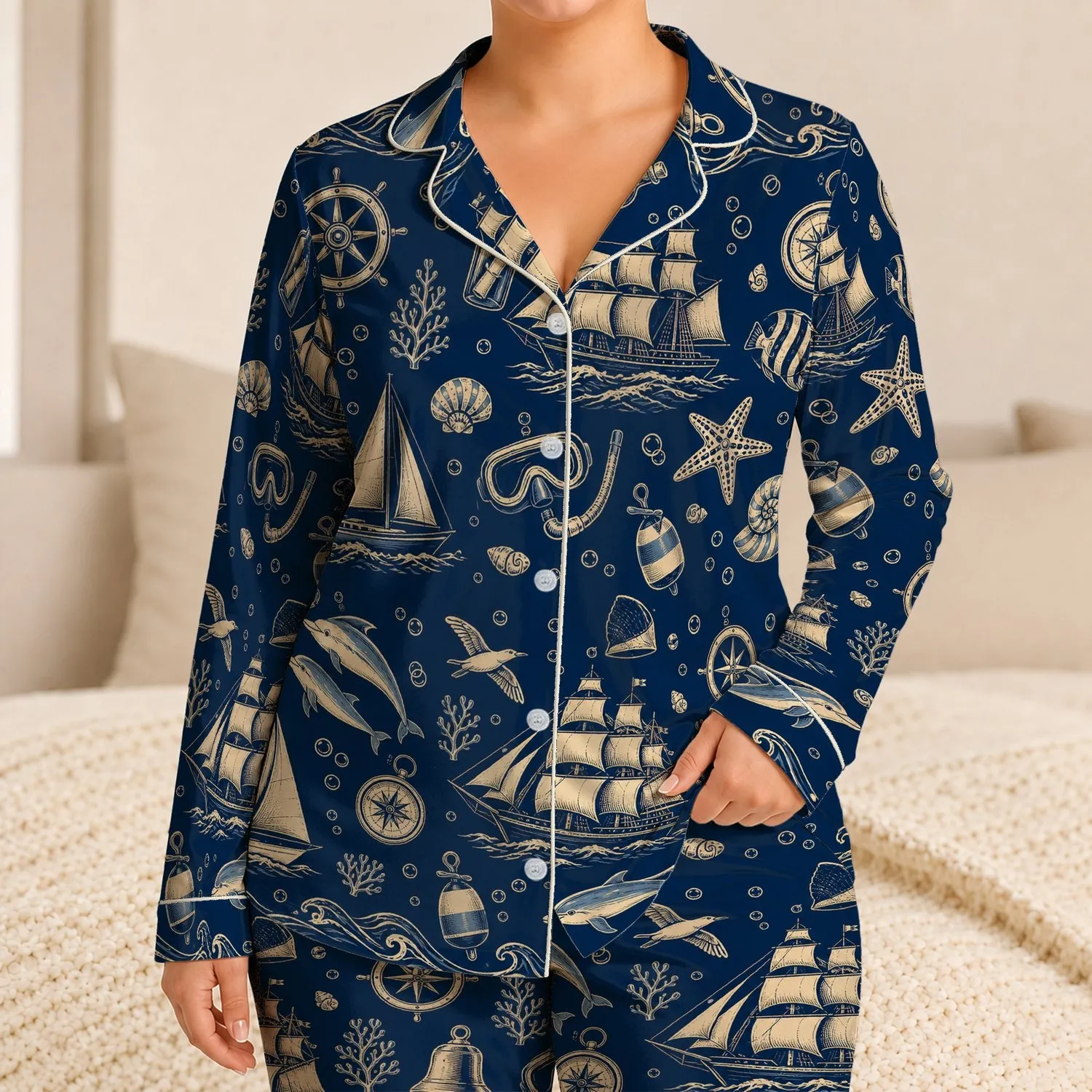Vintage Nautical Dolphins Sailboats And Compass Motifs For Coastal Home Lounging Women Satin Pajamas Set - 1