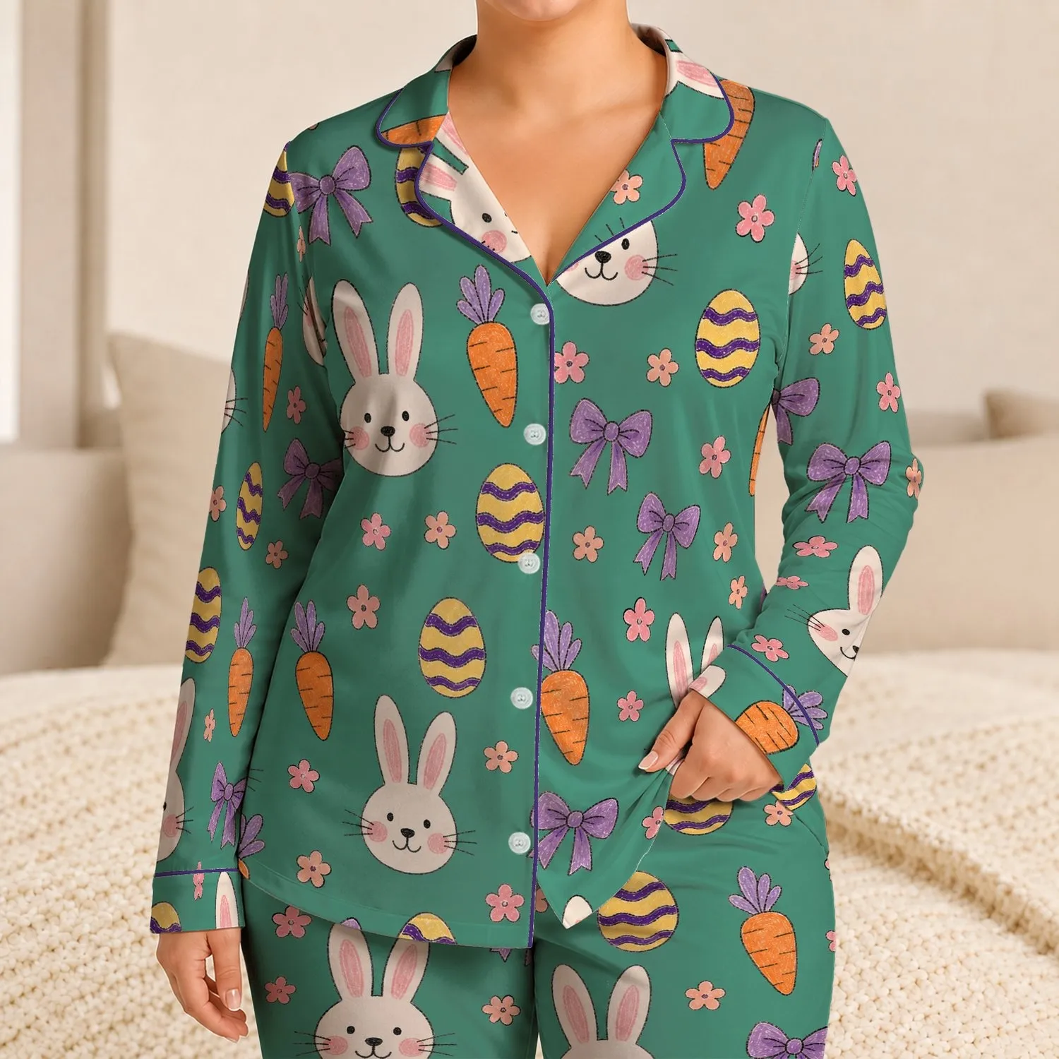 Cheerful Easter Bunny Carrot And Egg Motifs for Springtime Cozy Holiday Lounging Satin Pajamas Set - 1