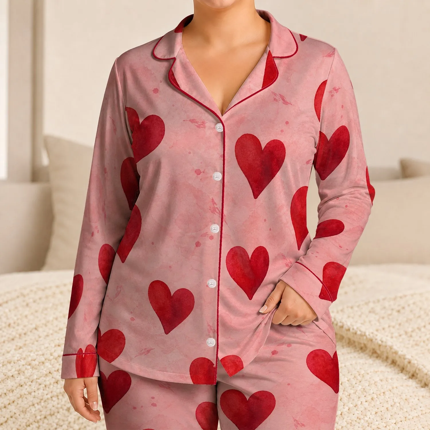 Red Hearts On Blush Pink For Valentine's Day Sleepwear And Cozy Romantic Nights Satin Pajamas Set - 1