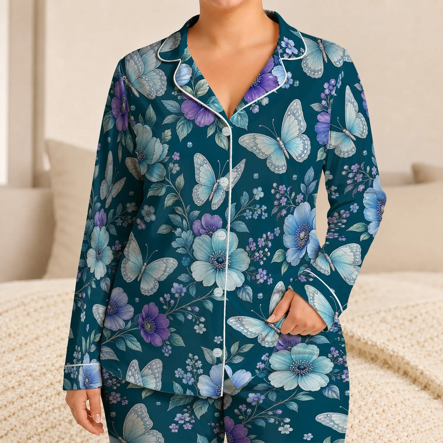 Teal Butterfly And Blue Flower Motifs For Relaxing Evenings And Cozy Home Comfort Satin Pajamas Set - 1