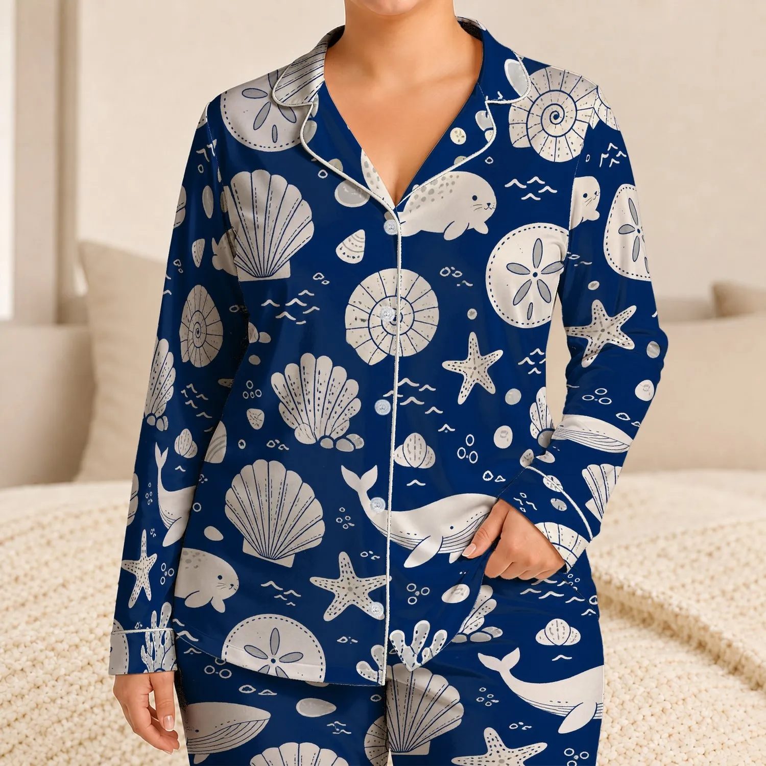 Cobalt Blue Shells, Whales And Sand Dollars For Relaxed Seaside Evenings And Getaways Satin Pajamas Set - 1