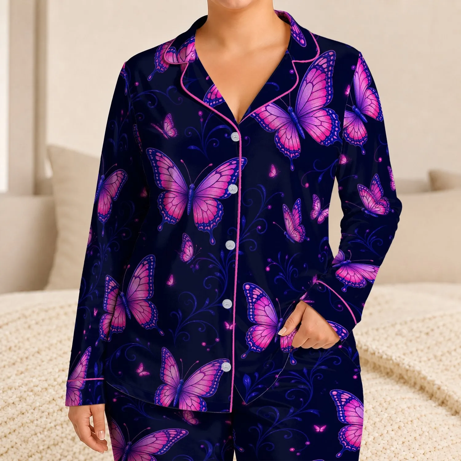 Pink Violet Butterfly Night Garden Sleepwear For Women Relaxing At Home Satin Pajamas Set - 1