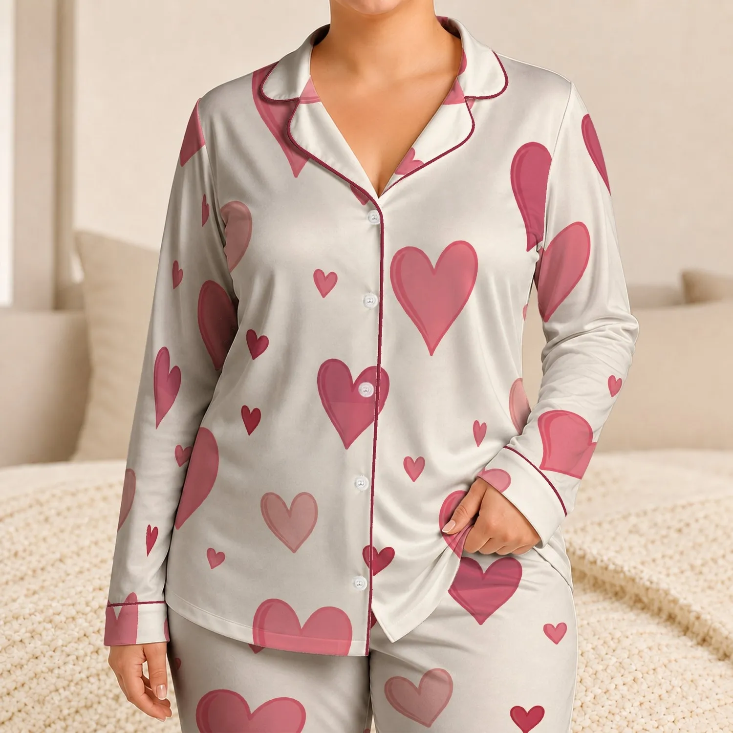 Scattered Pink And Red Hearts For Romantic Valentine's Day Sleepwear Gifts For Women Satin Pajamas Set - F5XW7OJTXQ