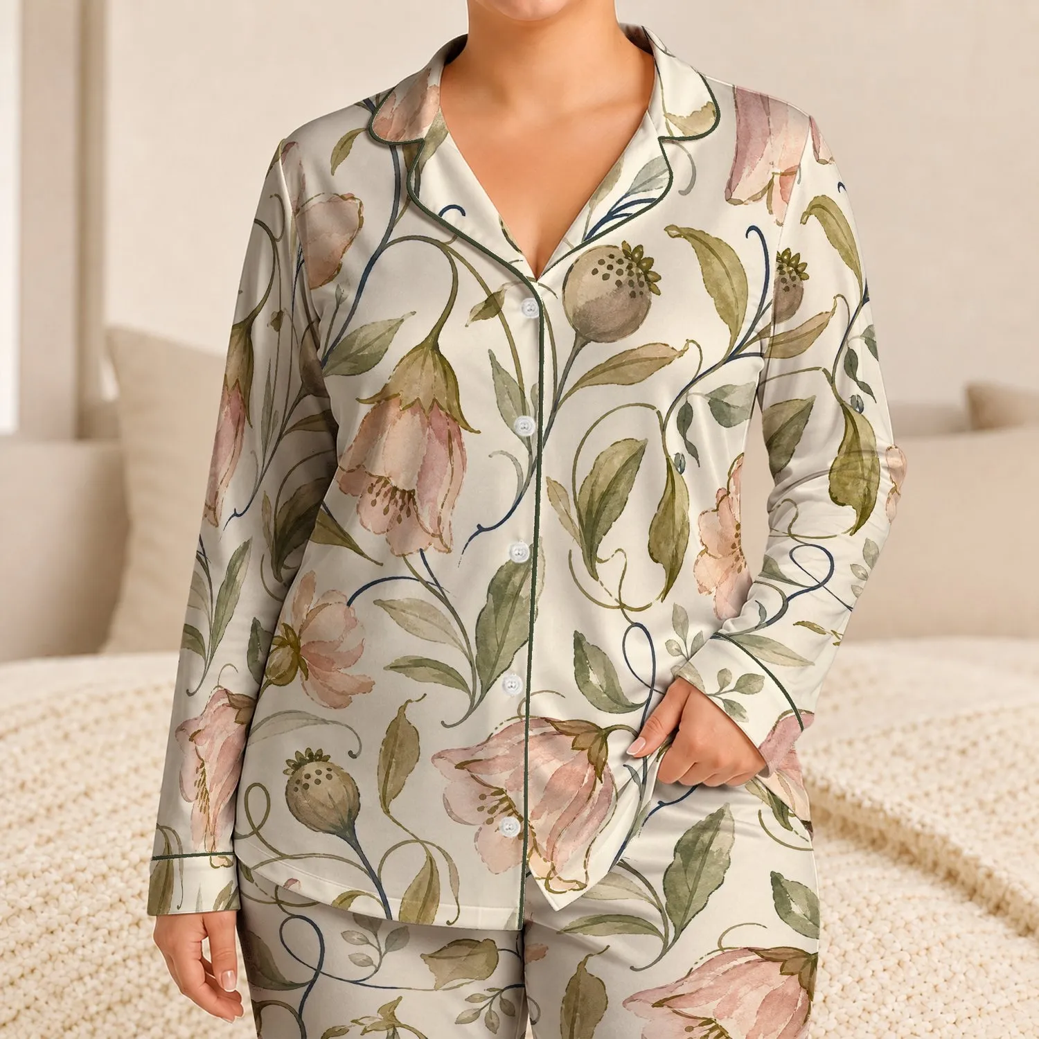 Watercolor Botanical Flowers For Relaxing Garden-Inspired Sleepwear For Women Satin Pajamas Set - 1