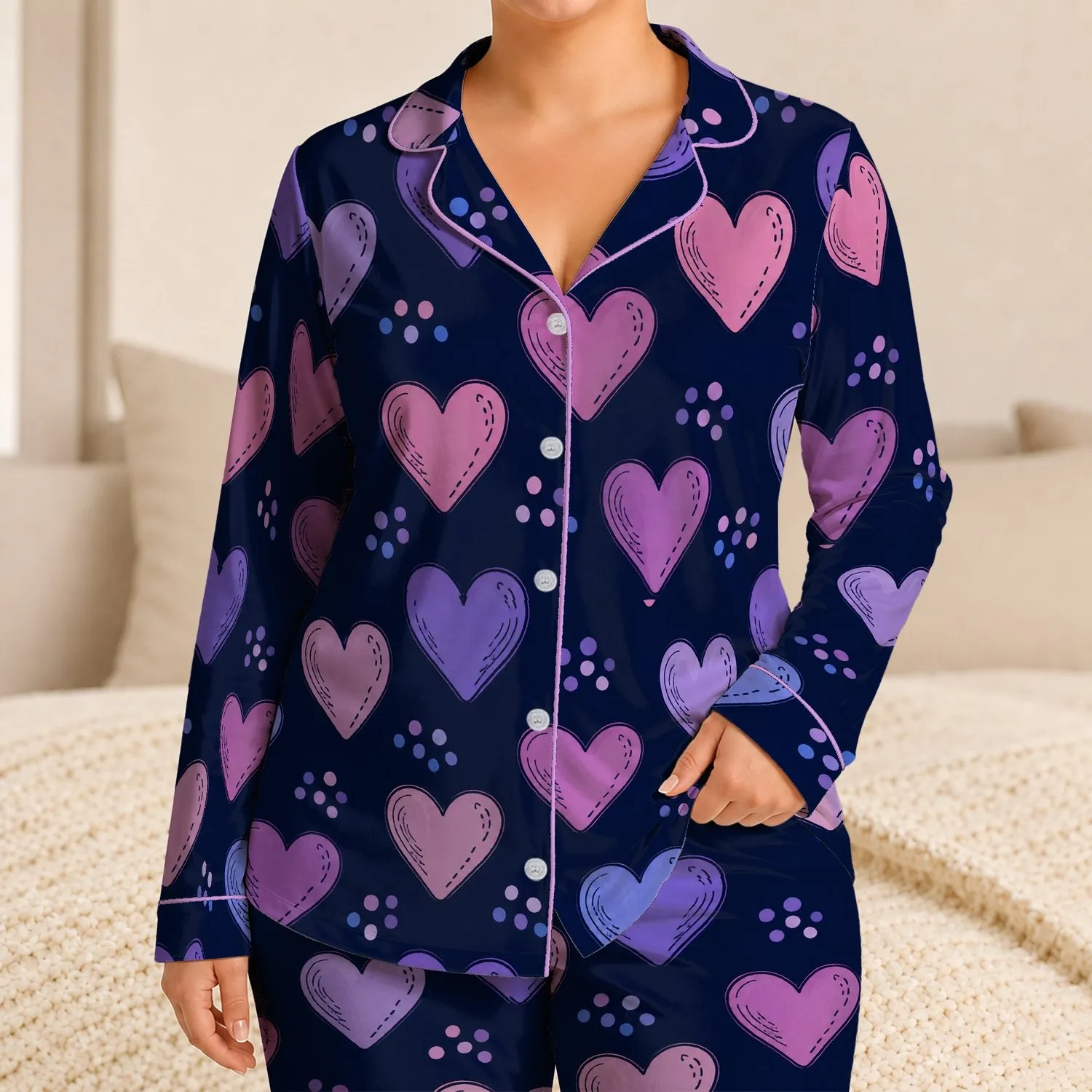 Hand-Drawn Lavender Hearts On Midnight Indigo For Cozy Valentine's Day Lounging At Home Satin Pajamas Set - 1