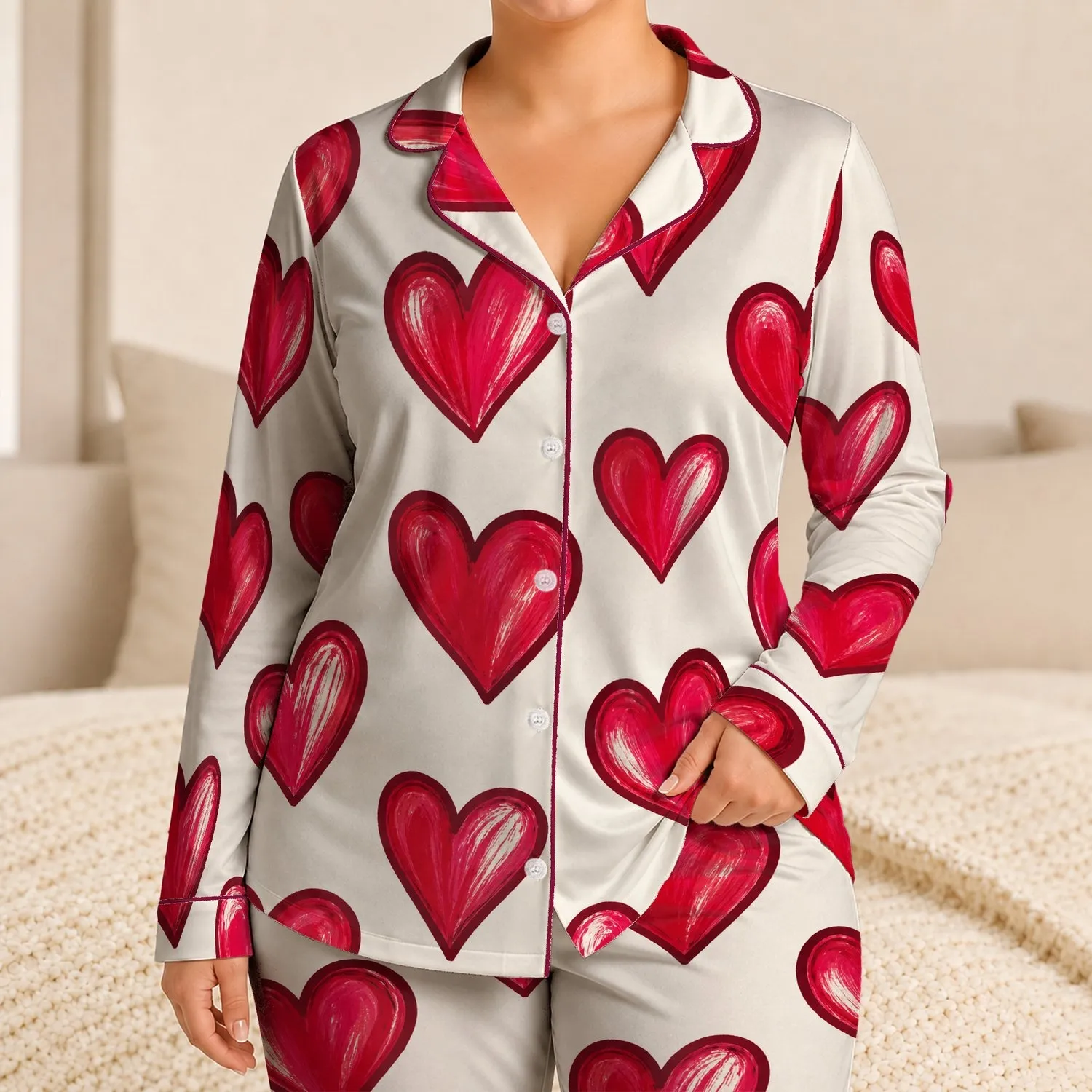 Raspberry Red Hearts For Valentine's Day Lounging And Cozy Nighttime Gifts For Her Satin Pajamas Set - 1