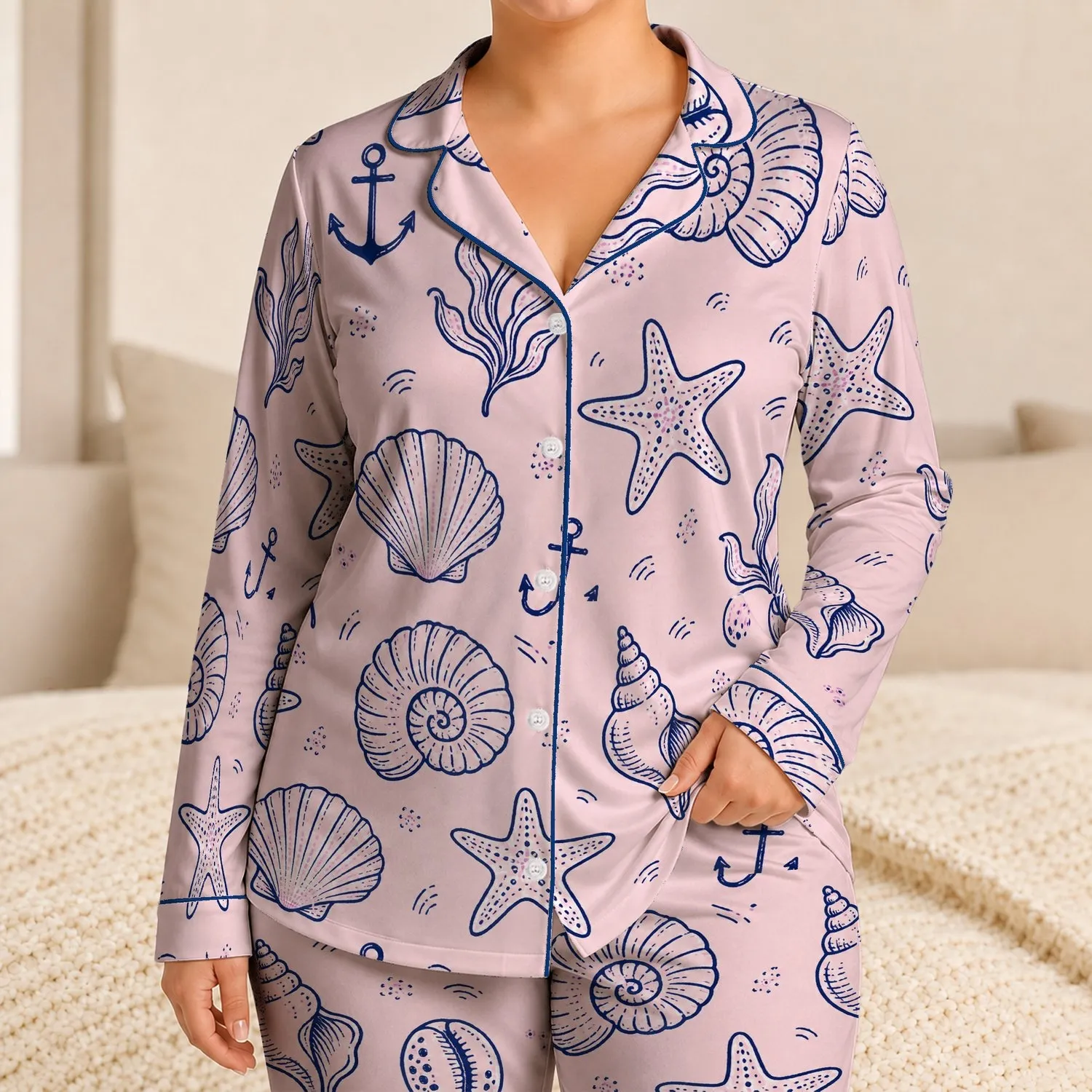 Navy Coastal Shells Starfish Seaweed For Relaxed Seaside Lounging At Home For Women Satin Pajamas Set - 1