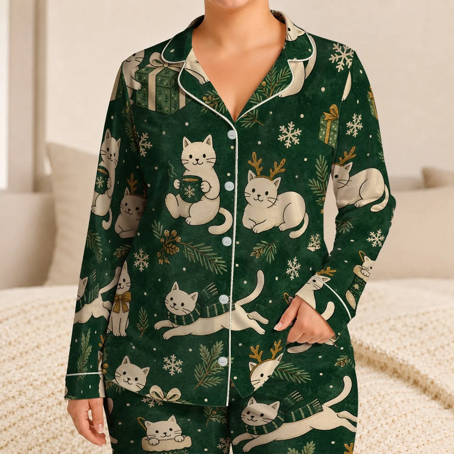 Ivory Christmas Cats With Pine Sprigs For Cozy Winter Nights Cat Lovers Gift Satin Pajamas Set - 1