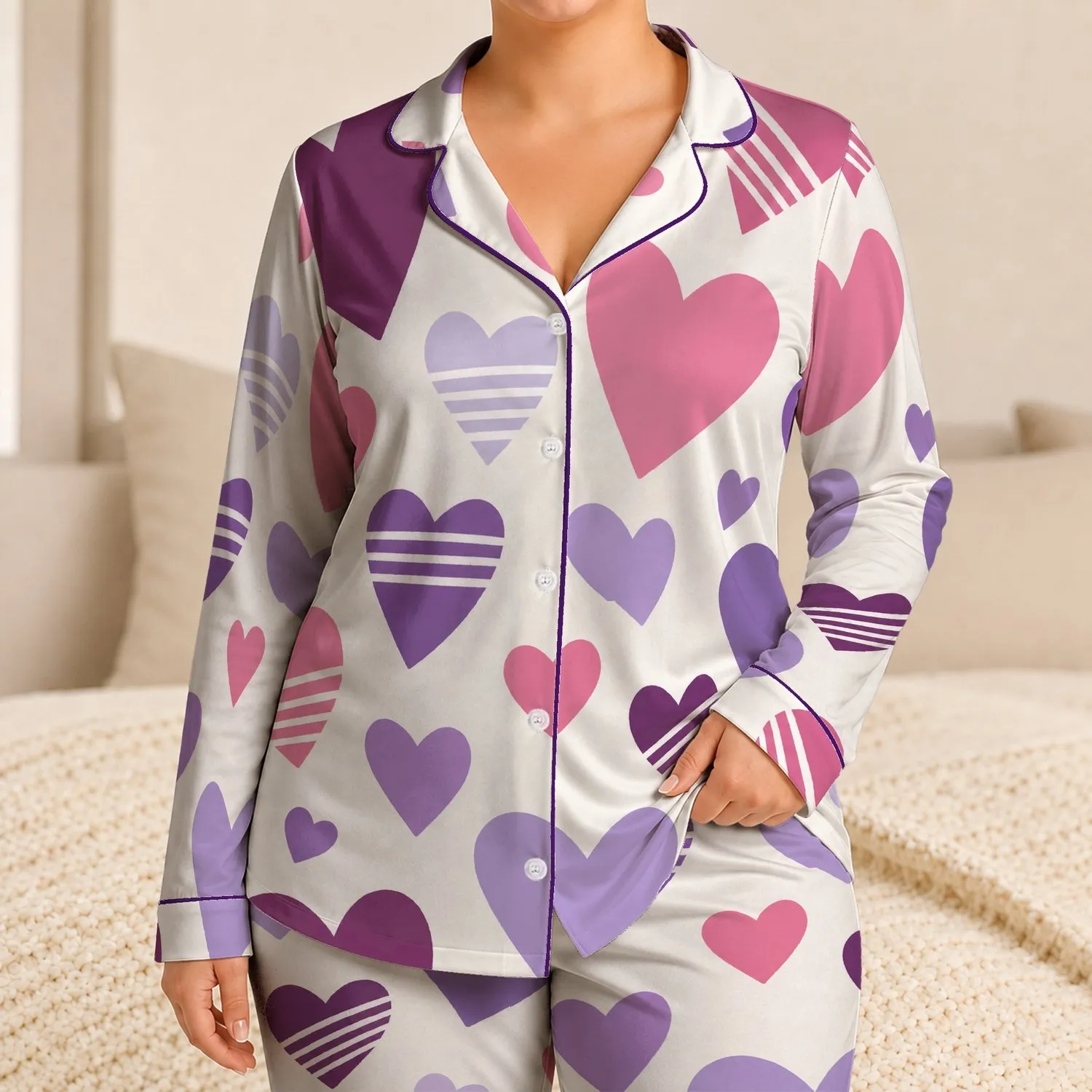 Lavender Pink Hearts For Romantic Valentine Sleepwear Plus Size Satin Pajamas Set - 1