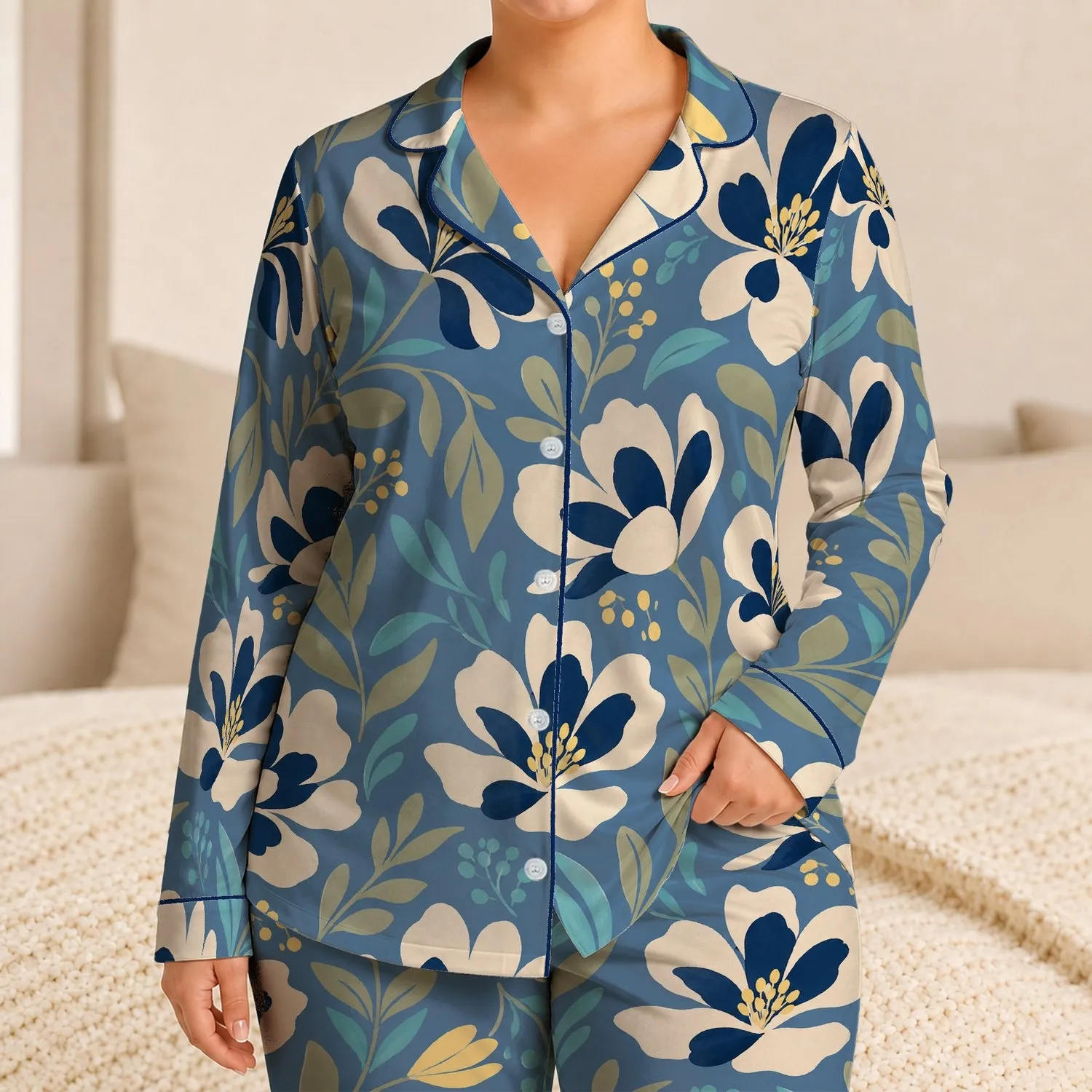 Blue Abstract Botanical Flowers for Coastal Summer Evenings and Relaxed Weekend Style Satin Pajamas Set - 1