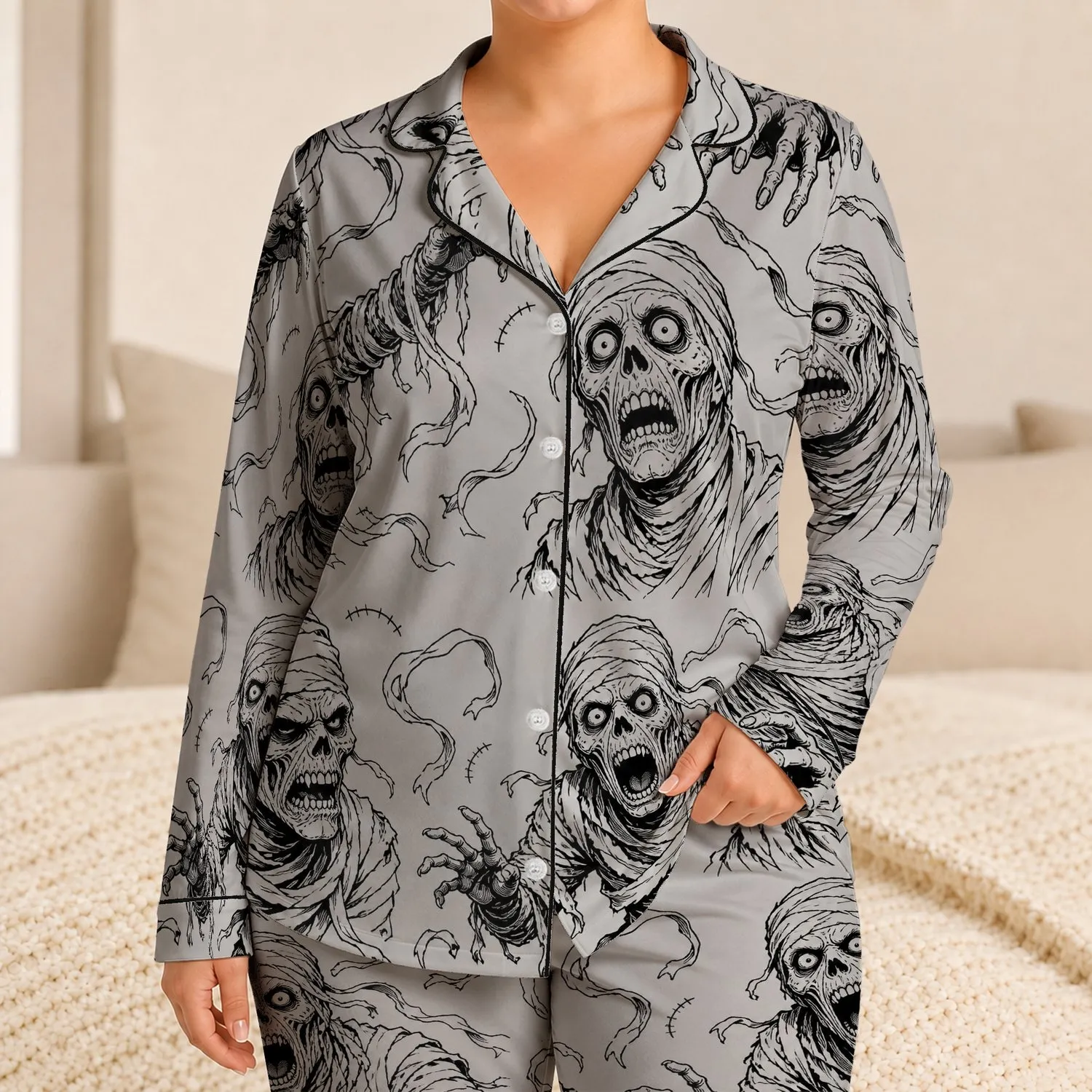 Undead Mummy Horror Comic For Halloween Lounging And Spooky Gothic Horror Night Owls Satin Pajamas Set - 1