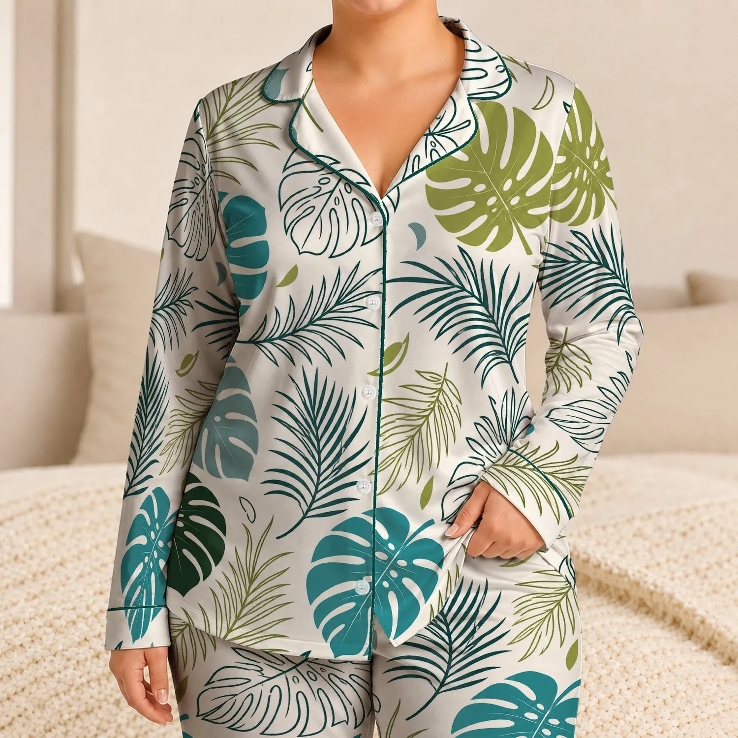 Tropical Monstera And Palm Leaves For Relaxing Resort Evenings And Vacation Lounging Satin Pajamas Set - 1