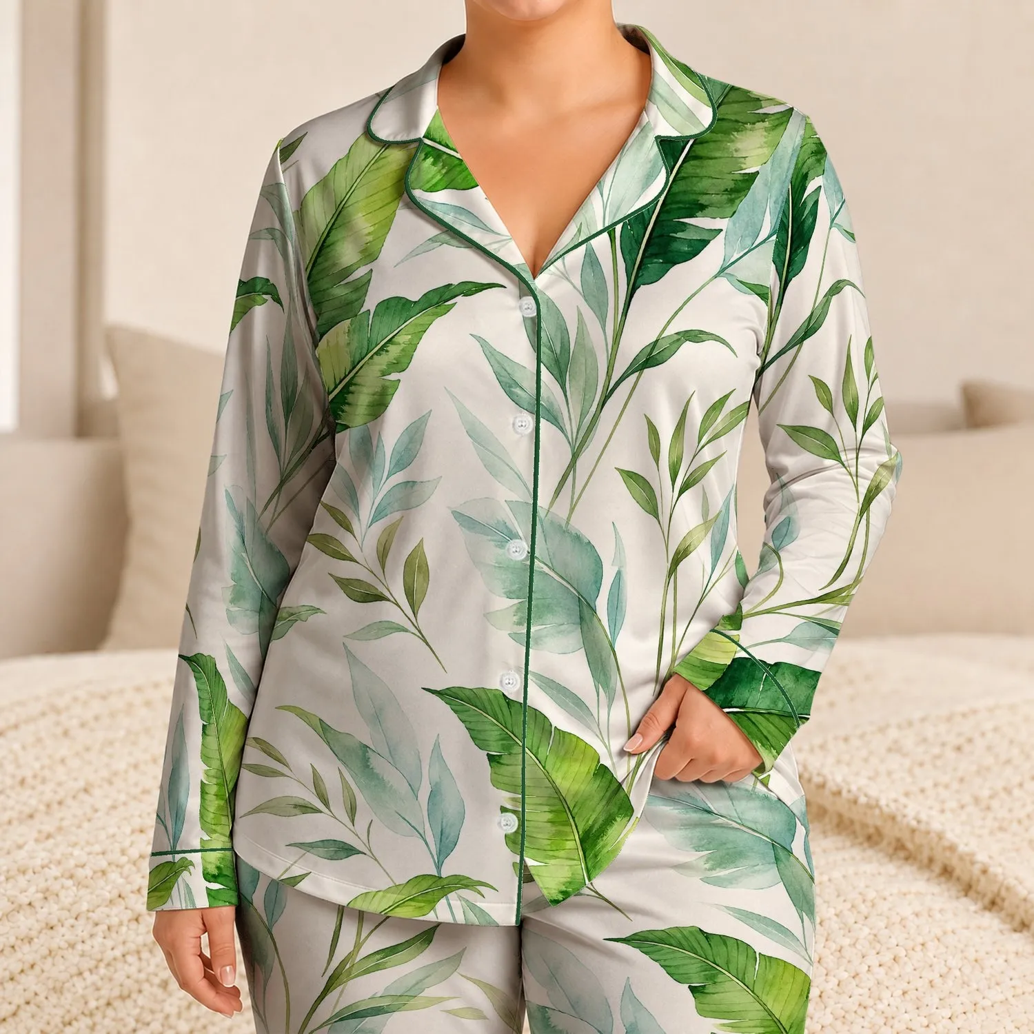 Watercolor Tropical Foliage for Relaxing Resort Lounging and Cozy Evenings Women Satin Pajamas Set - 1